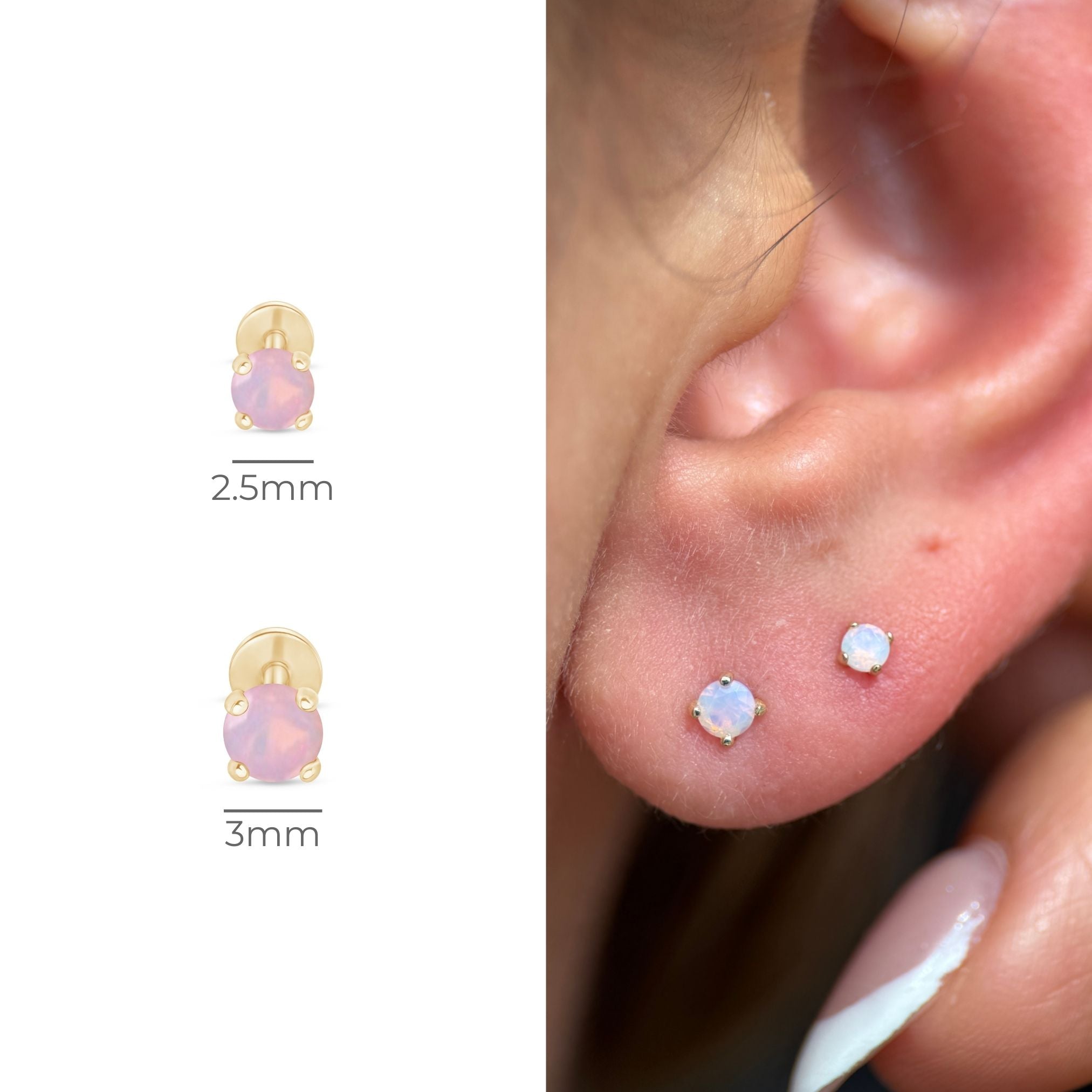 Pink Opal Cartilage Flat Back Stud in Solid 14k Yellow Gold