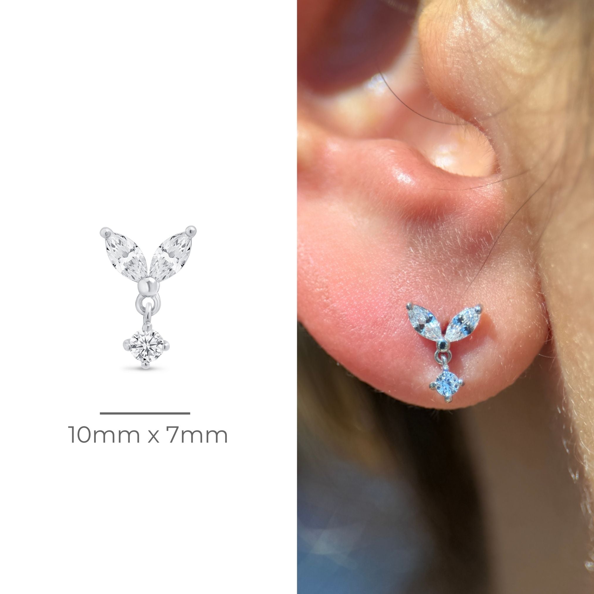 Double Marquise Gemstone Drop Flat Back Stud in Solid 14k White Gold