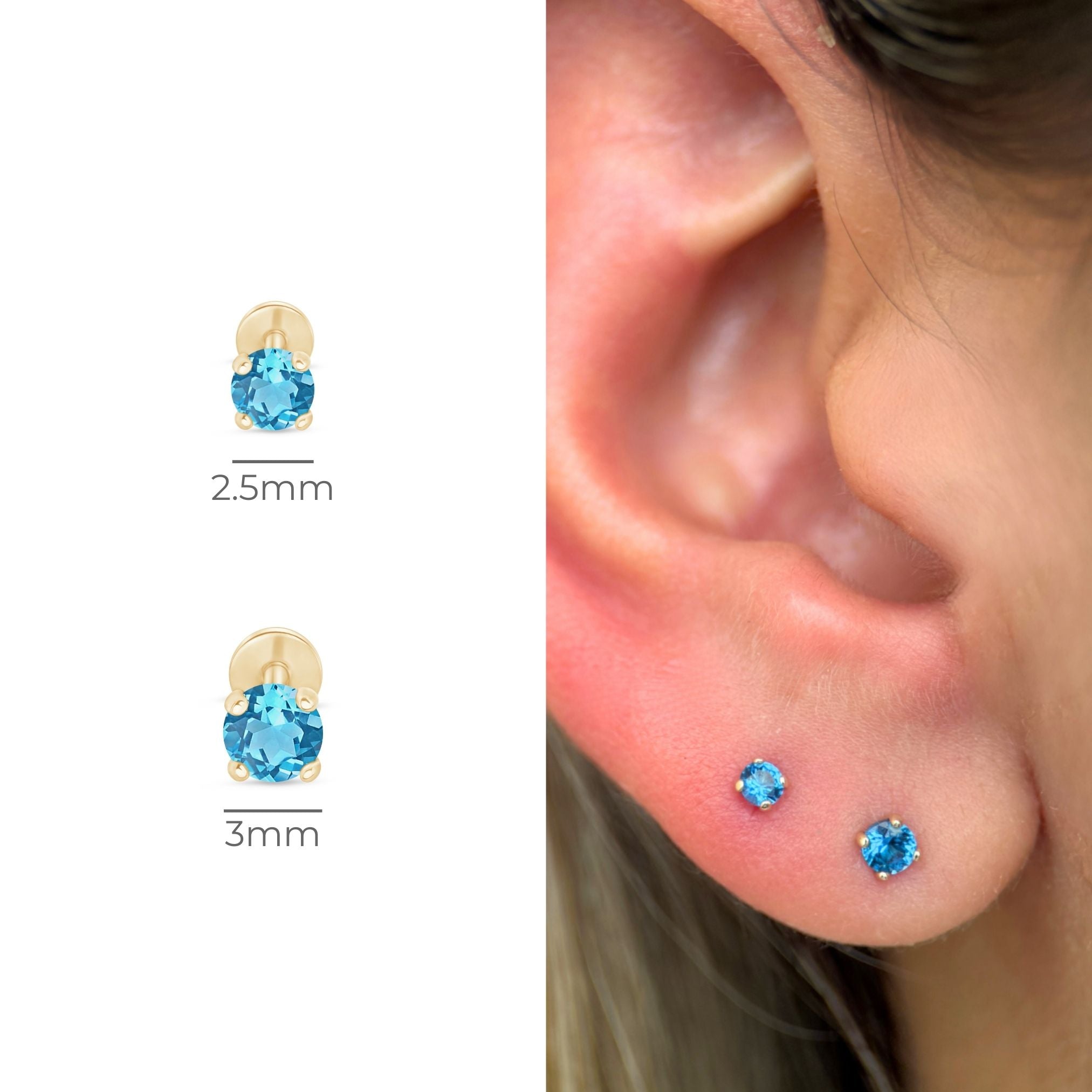 Blue Topaz Cartilage Flat Back Stud in Solid 14k Yellow Gold