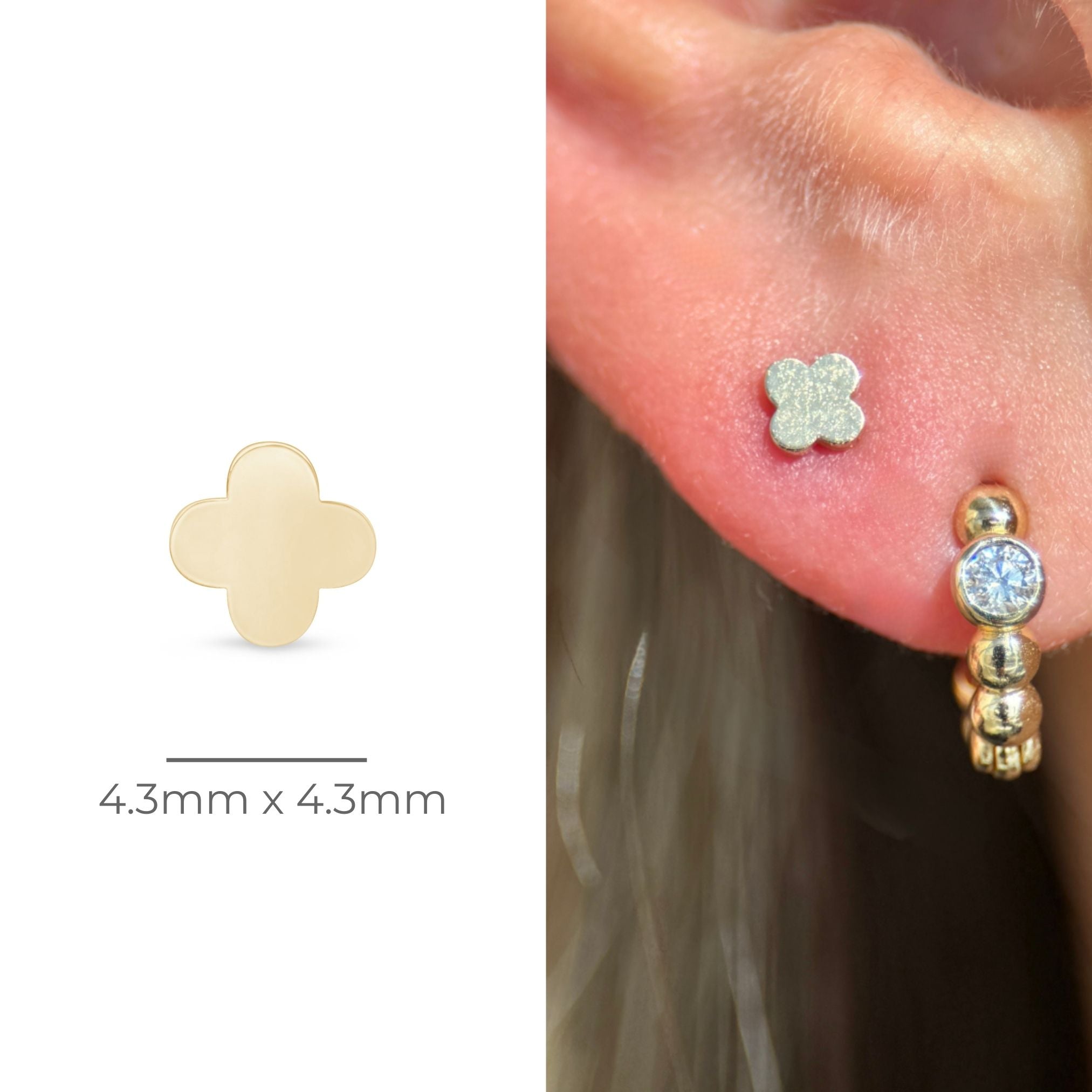 Gold Clover Flat Back Stud in Solid 14k Yellow Gold