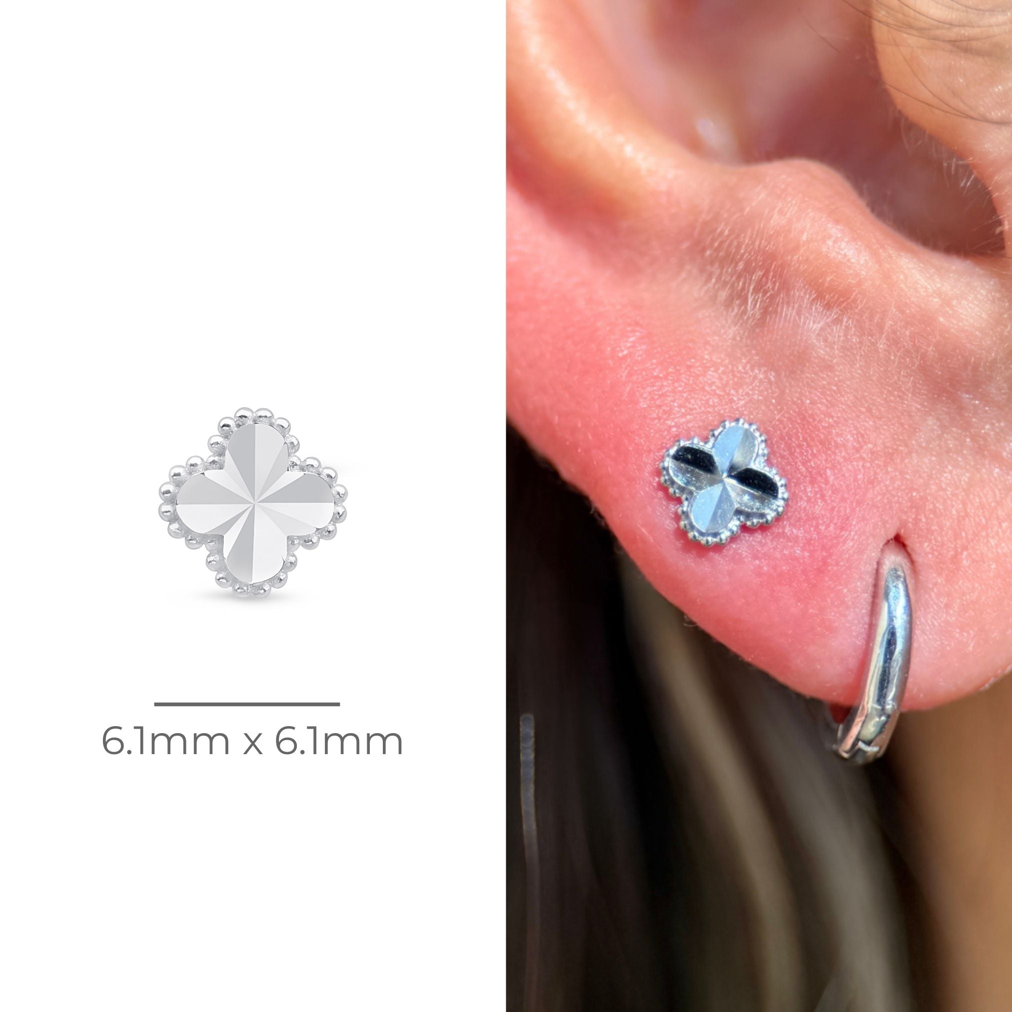 Diamond Cut Solid 14k White Gold Clover Flat Back Stud