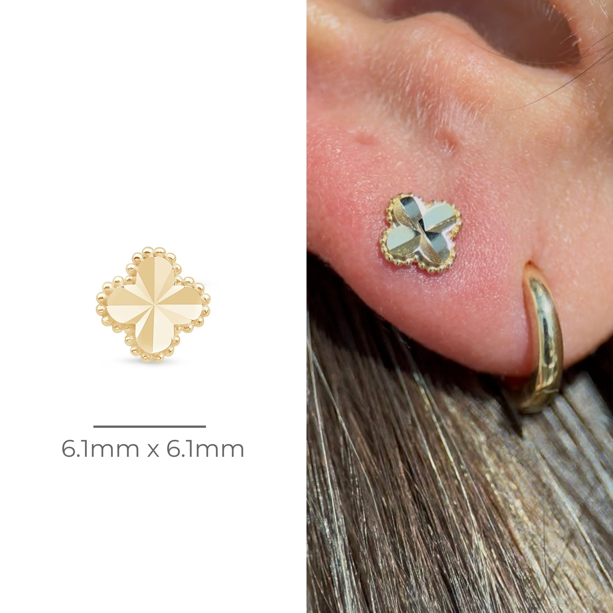Diamond Cut Solid 14k Yellow Gold Clover Flat Back Stud
