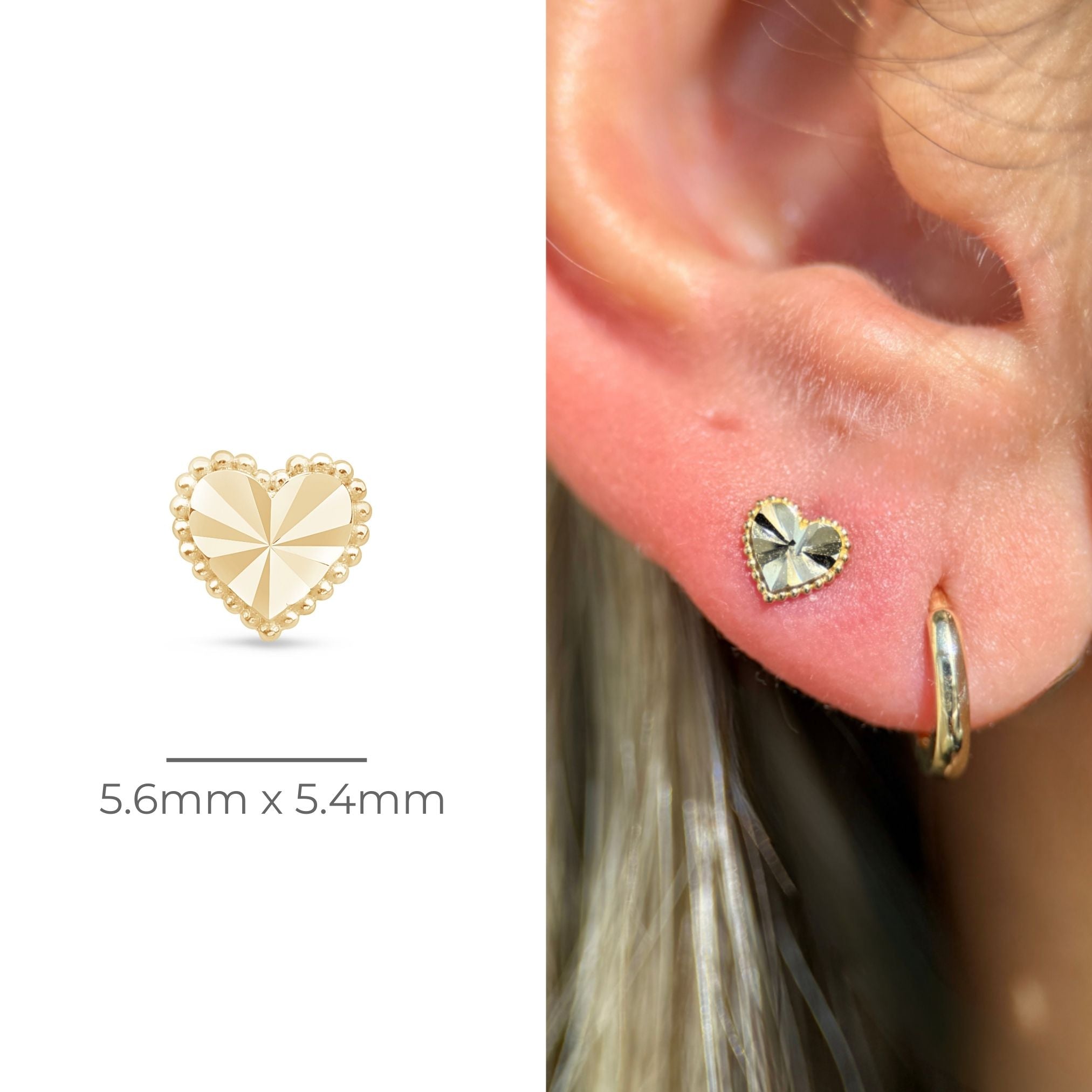 Diamond Cut Solid 14k Yellow Gold Heart Flat Back Stud