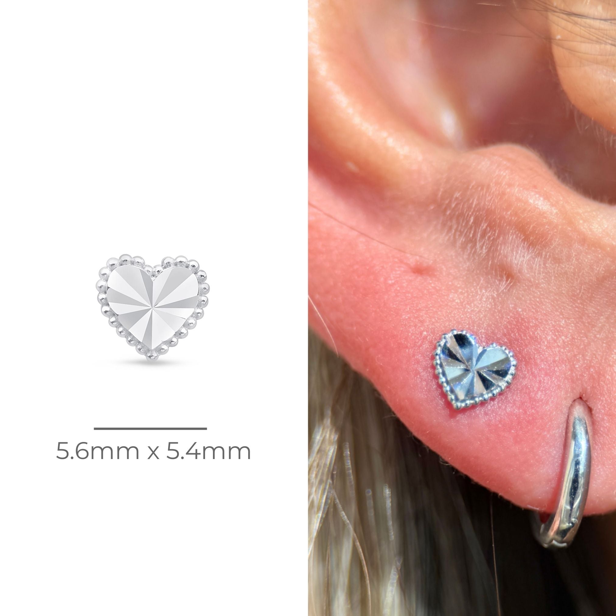 Diamond Cut Solid 14k White Gold Heart Flat Back Stud