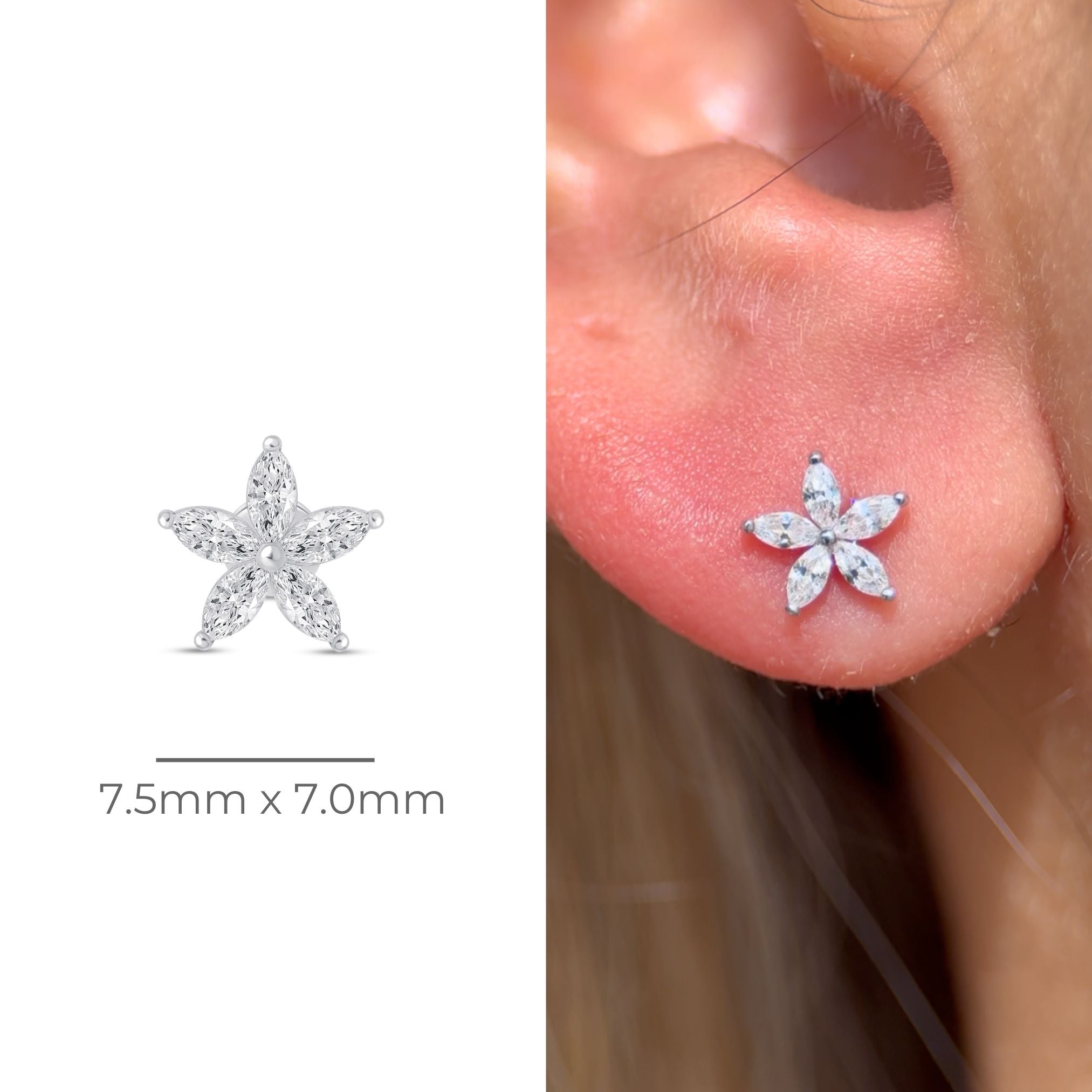 Marquise Flower Flat Back in Solid 14k White Gold