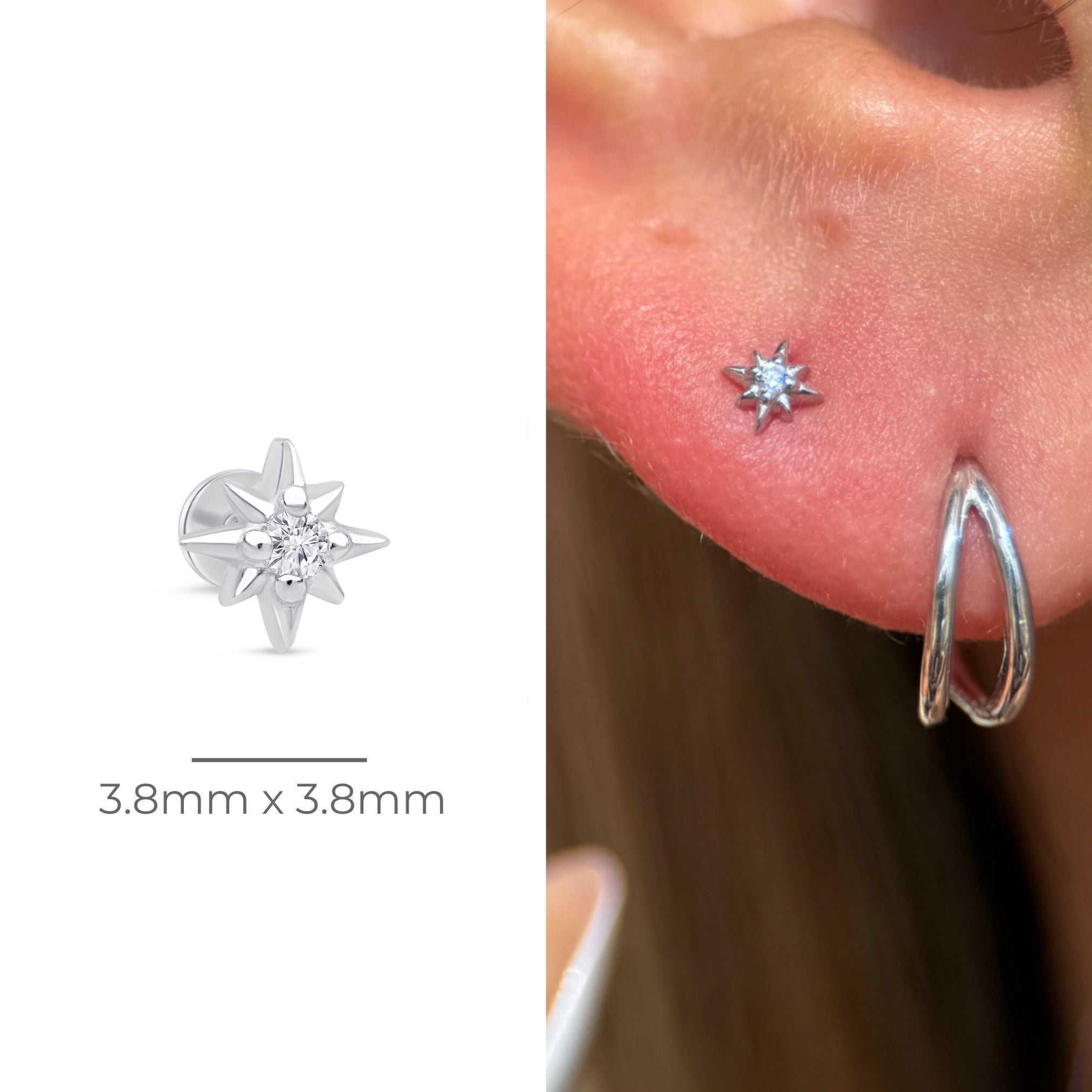 Gemstone Starburst Flat Back Stud in Solid 14k White Gold