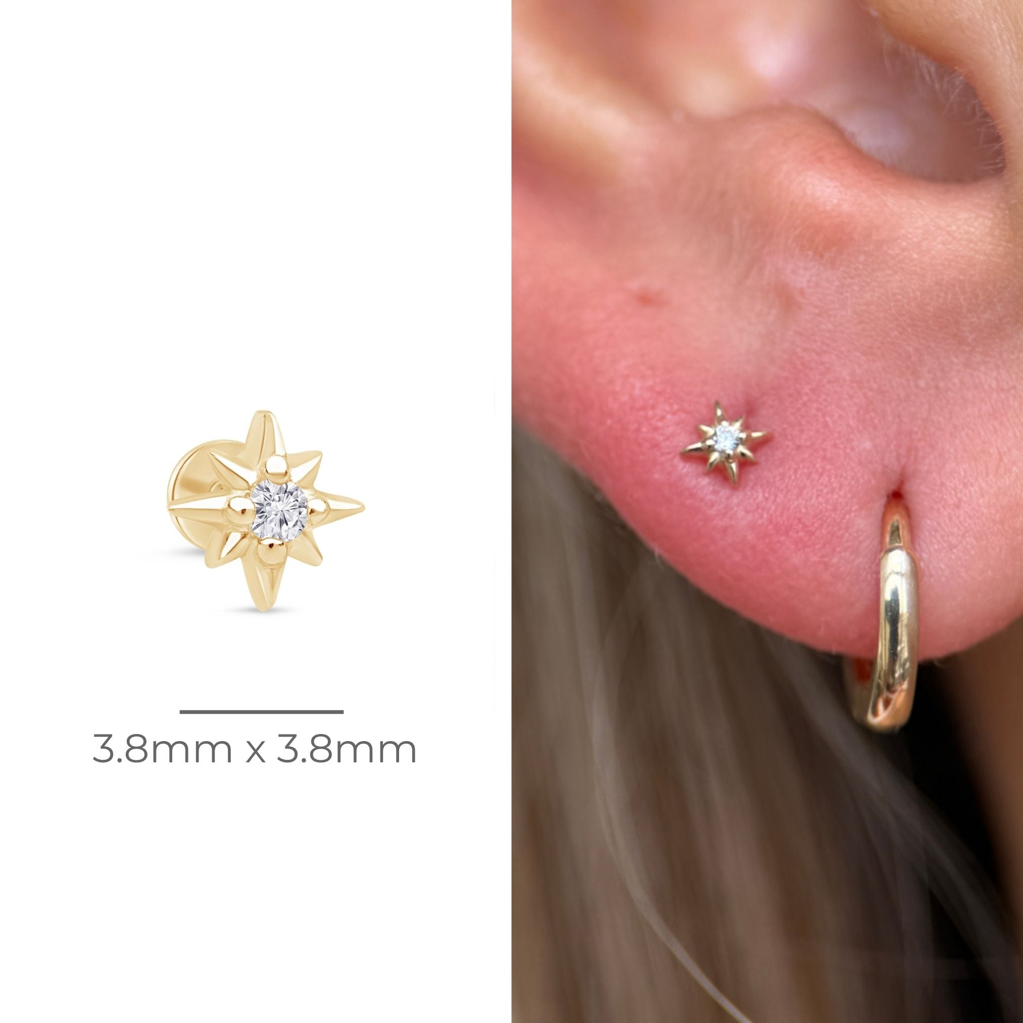 Gemstone Starburst Flat Back Stud in Solid 14k Yellow Gold