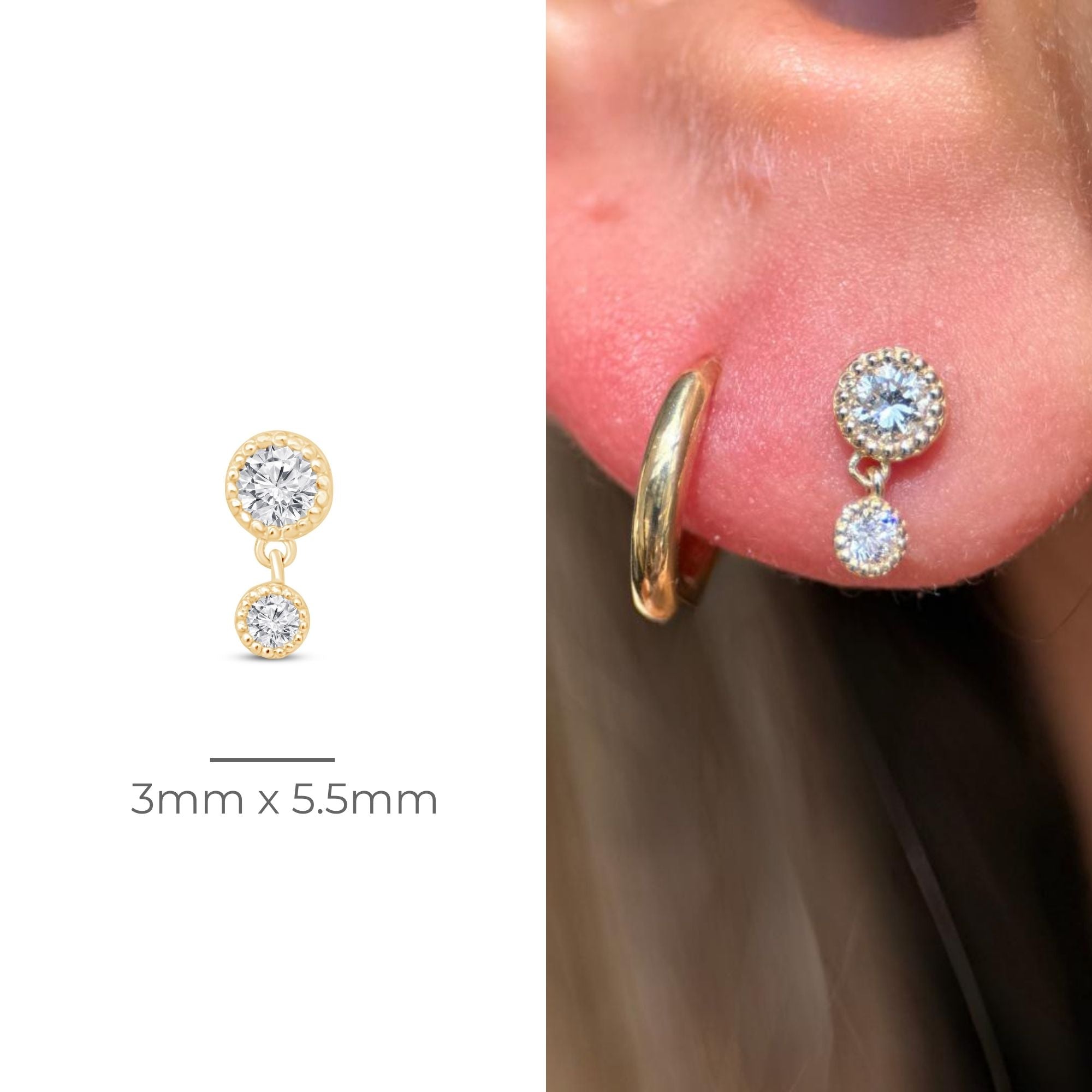 Double Diamond Drop Flat Back Stud in Solid 14k Yellow Gold