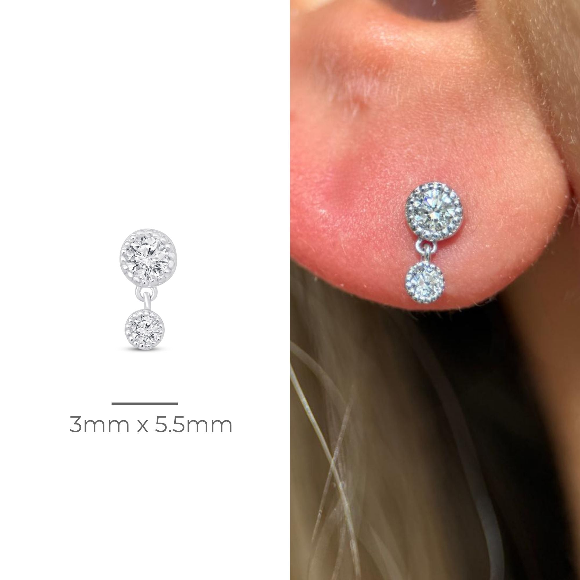 Double Diamond Drop Flat Back Stud in Solid 14k White Gold