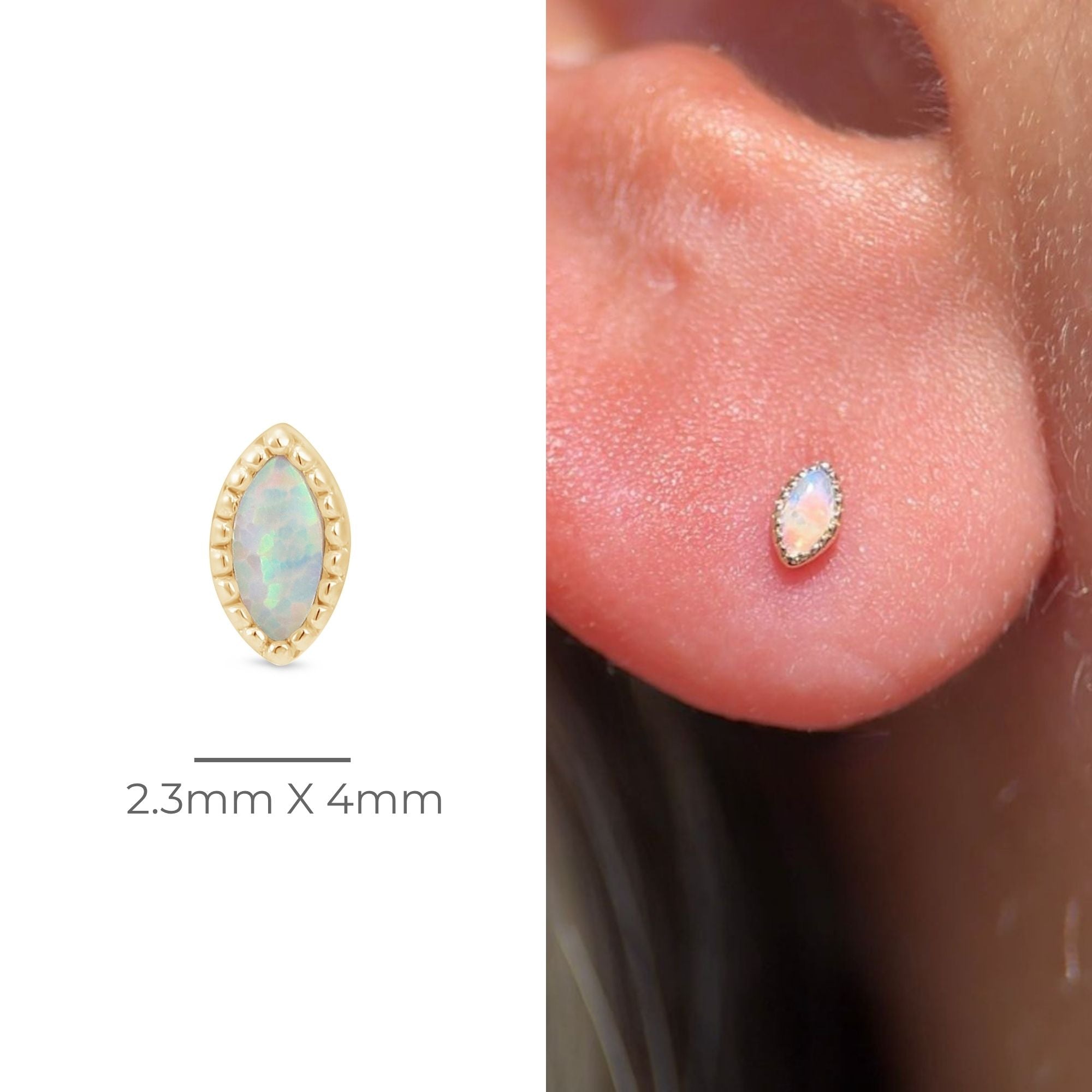 Solid 14k Gold Marquise Opal Milgrain Stud Earring