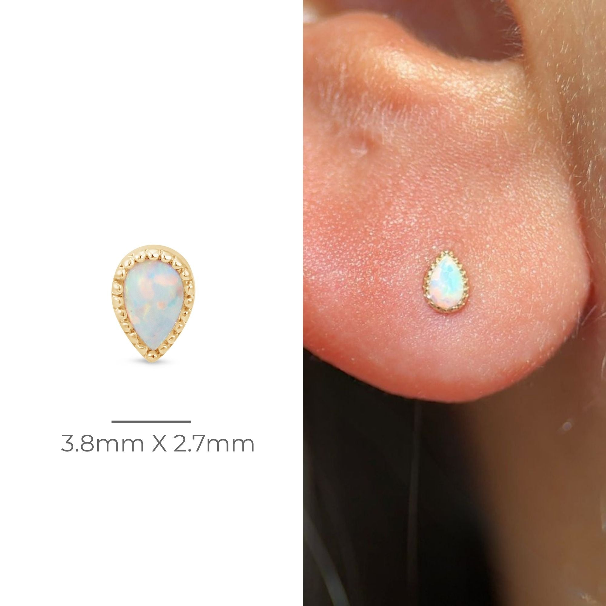 Solid 14k Gold Teardrop Opal Milgrain Stud Earring