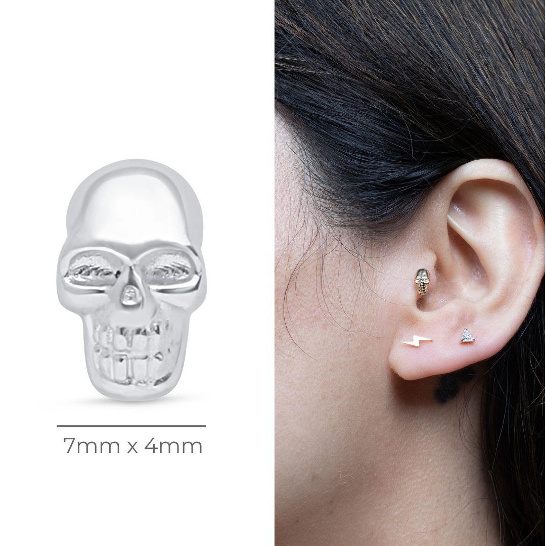 Minimalist Skull Flat Back Stud in Solid 14k White Gold