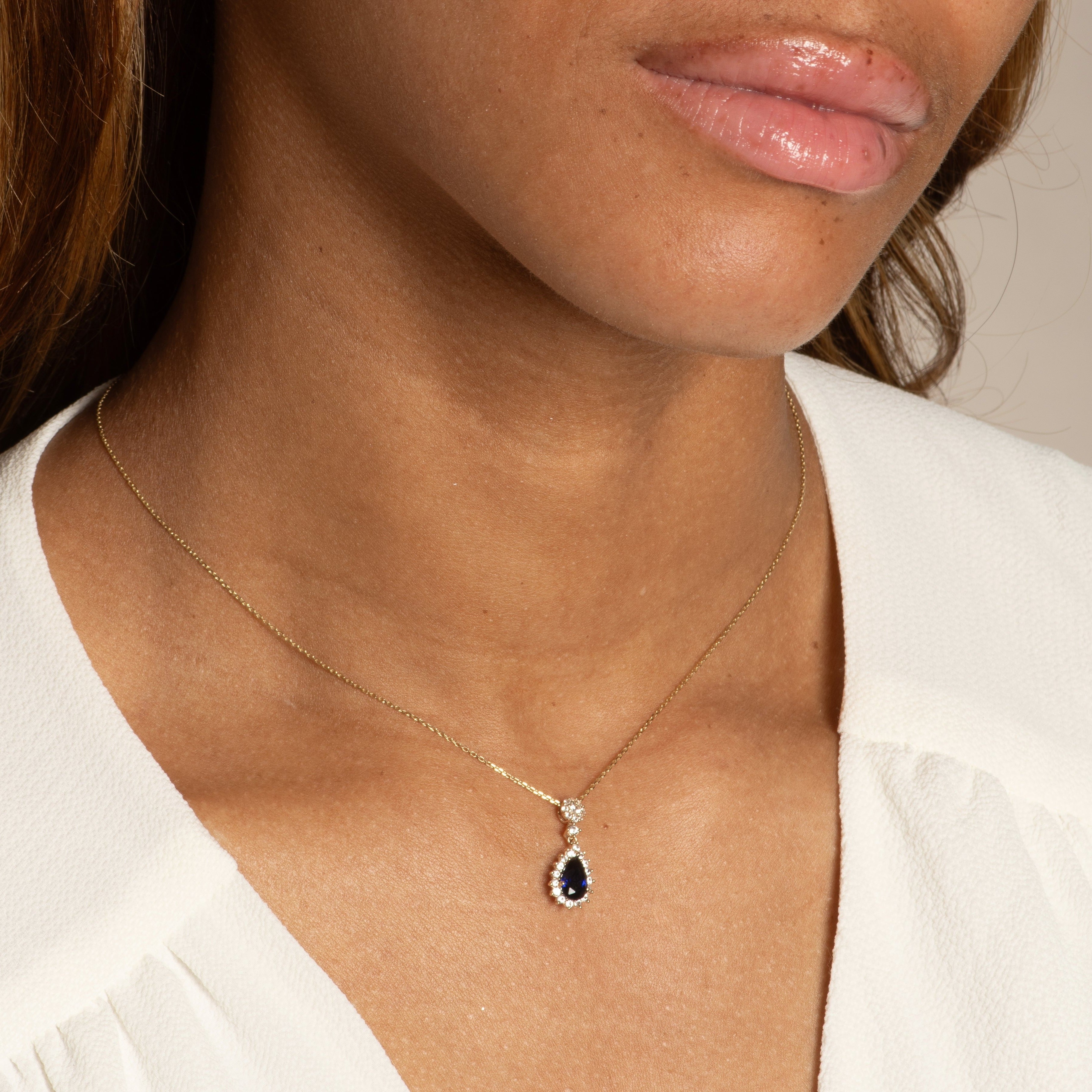 Teardrop Shaped Sapphire with White Sapphire Halo Necklaces Estellacollection #product_description# 32721 10k 925 Birthstone #tag4# #tag5# #tag6# #tag7# #tag8# #tag9# #tag10#