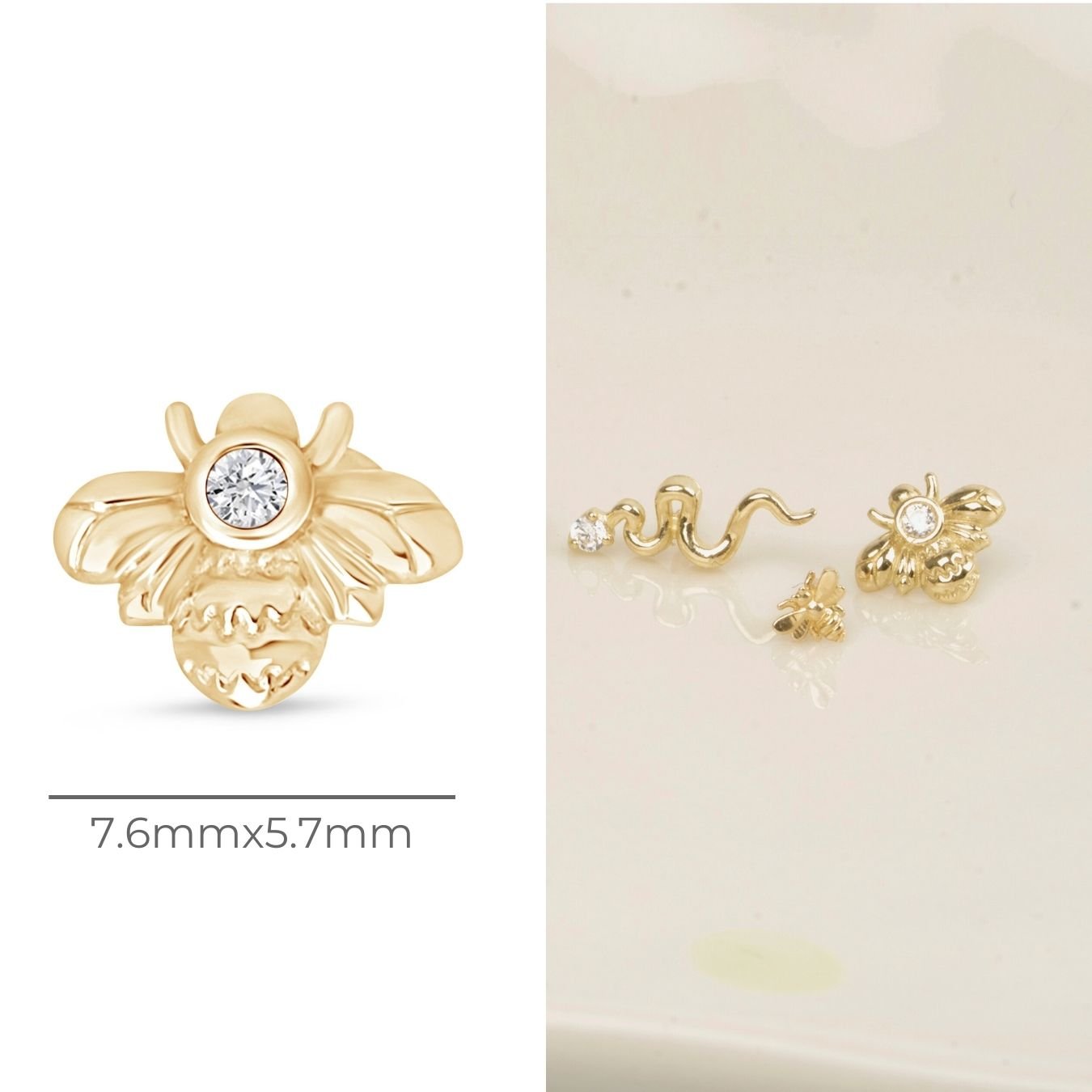 Cubic Zirconia Bee Flat Back Stud in Solid 14k Yellow Gold