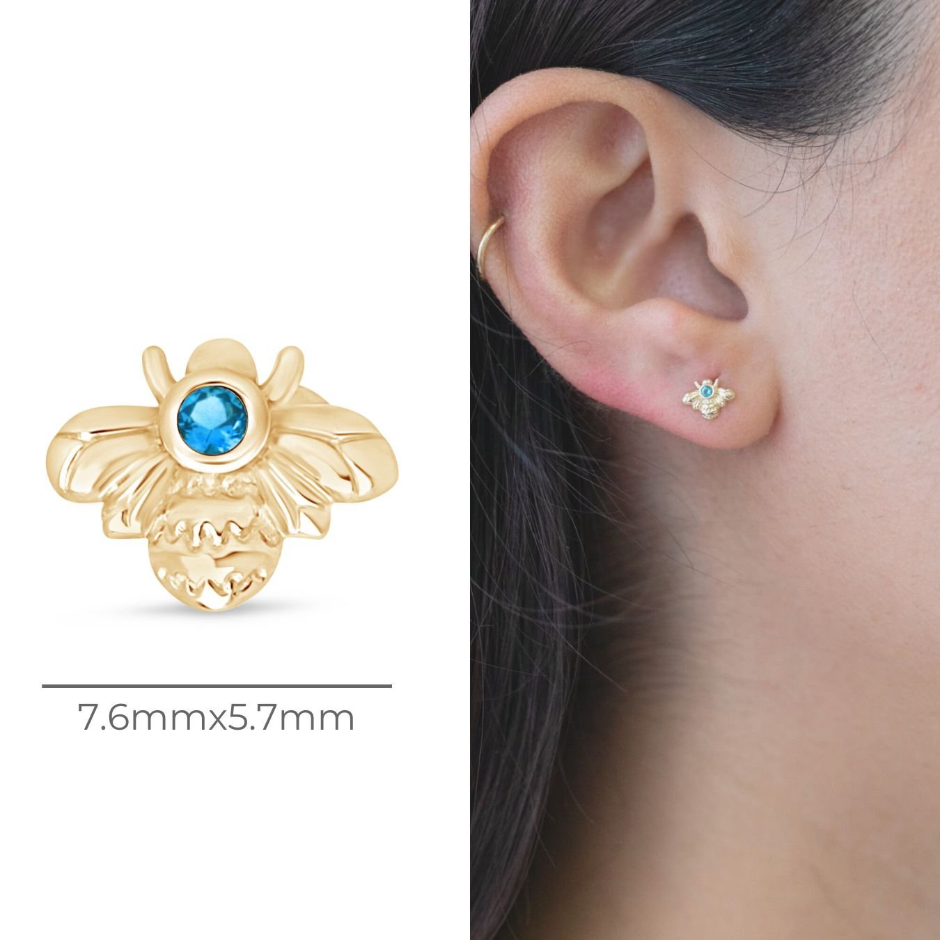 Blue Topaz Bee Flat Back Stud in Solid 14k Yellow Gold