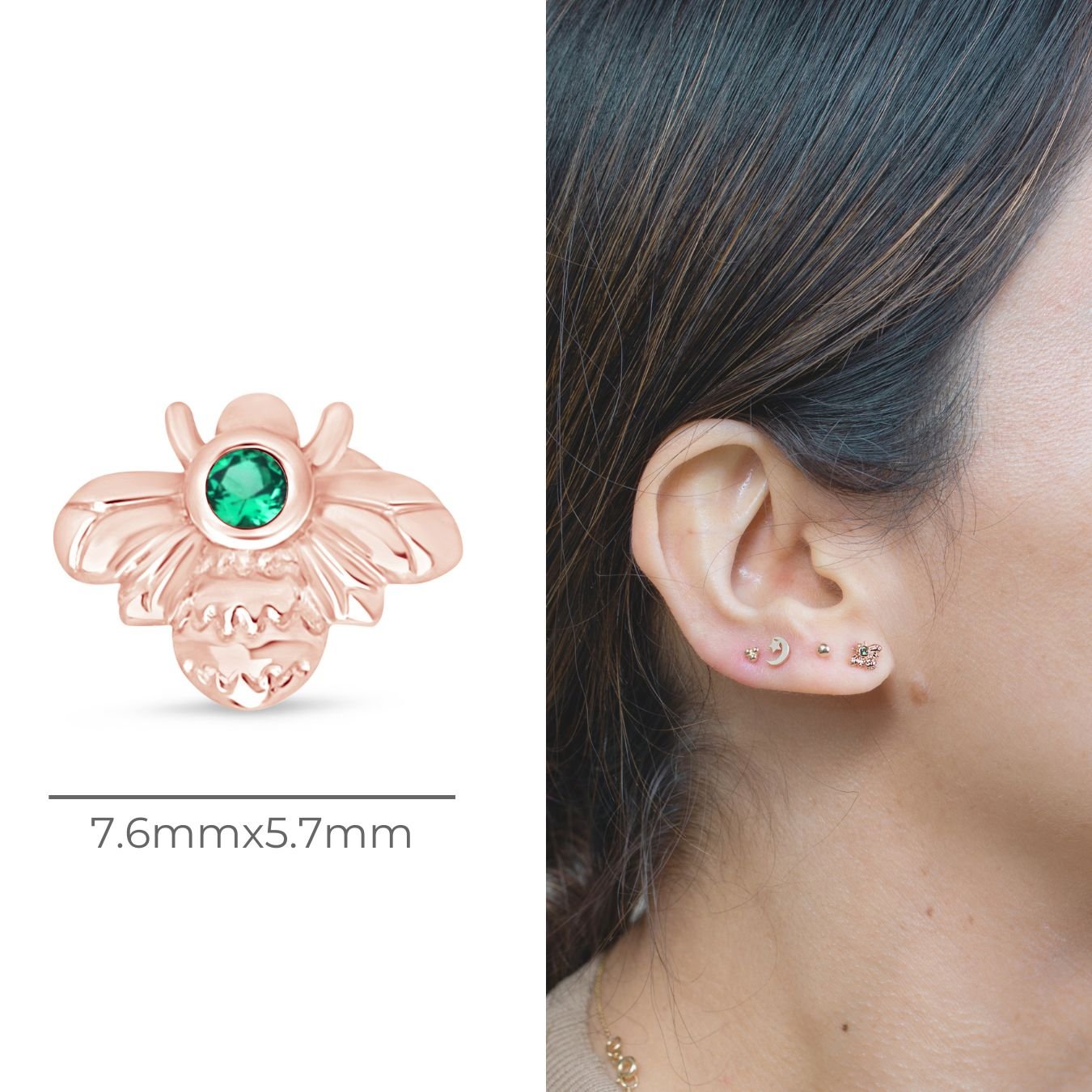 Emerald Bee Flat Back Stud in Solid 14k Rose Gold