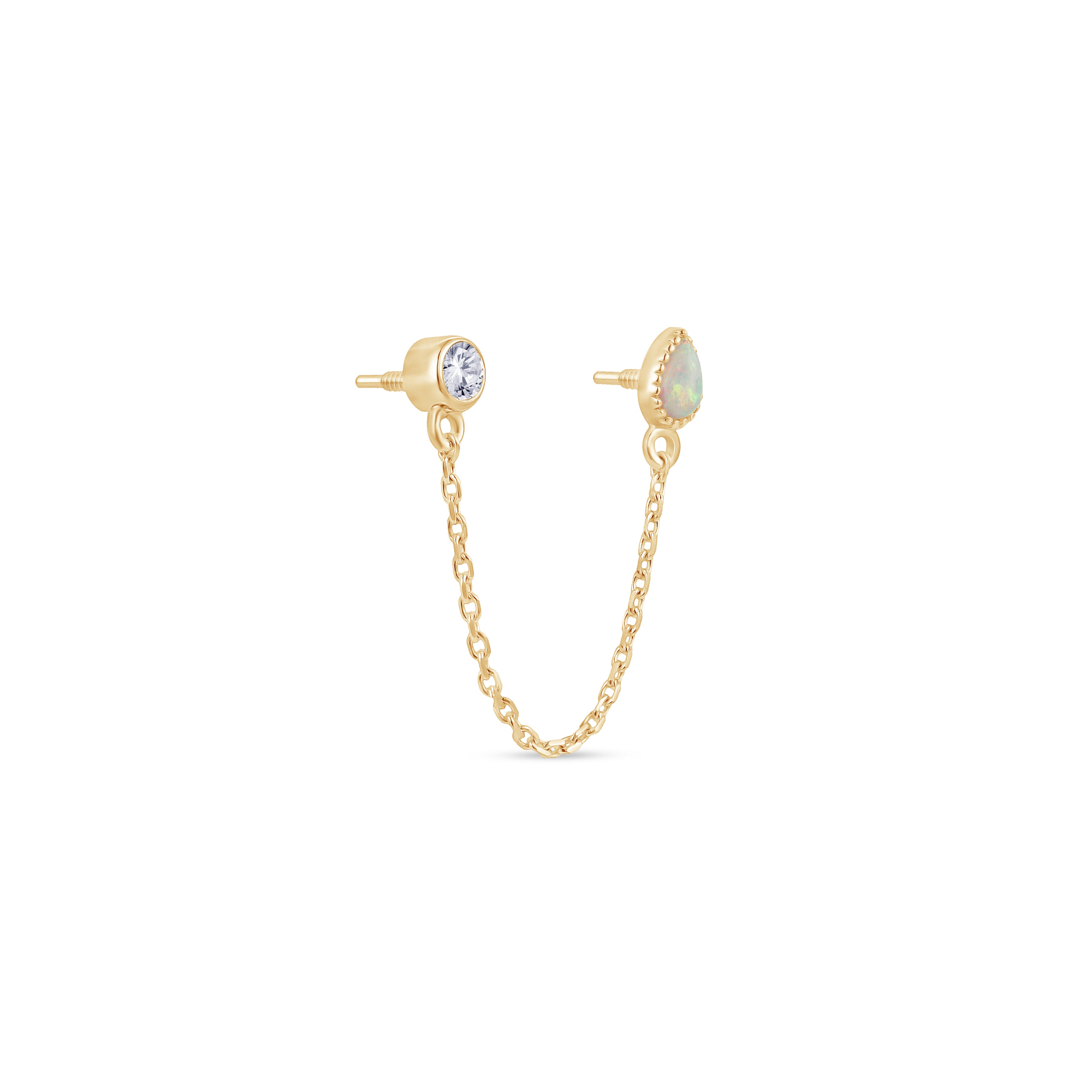 Solid 14k Gold Opal CZ Double Stud Chain Earring
