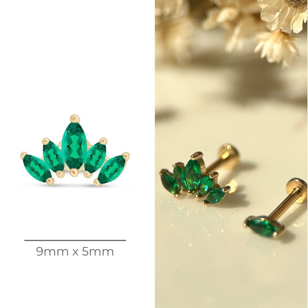 Marquise Cut Five Petal Emerald Lotus Flat Back Stud in Solid 14k Yellow Gold
