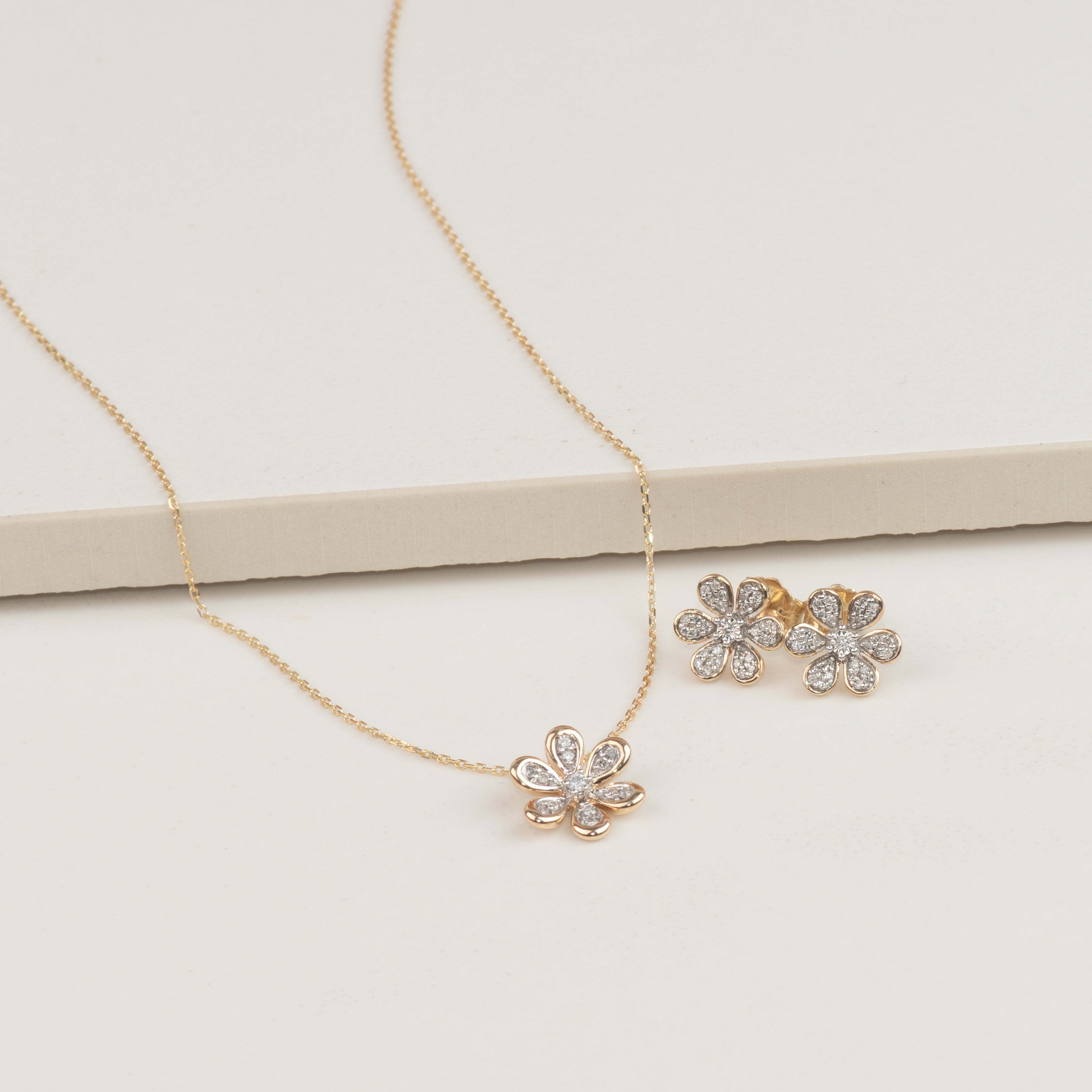 Diamond Flower Earrings Bezel Set in Solid 10k Yellow Gold