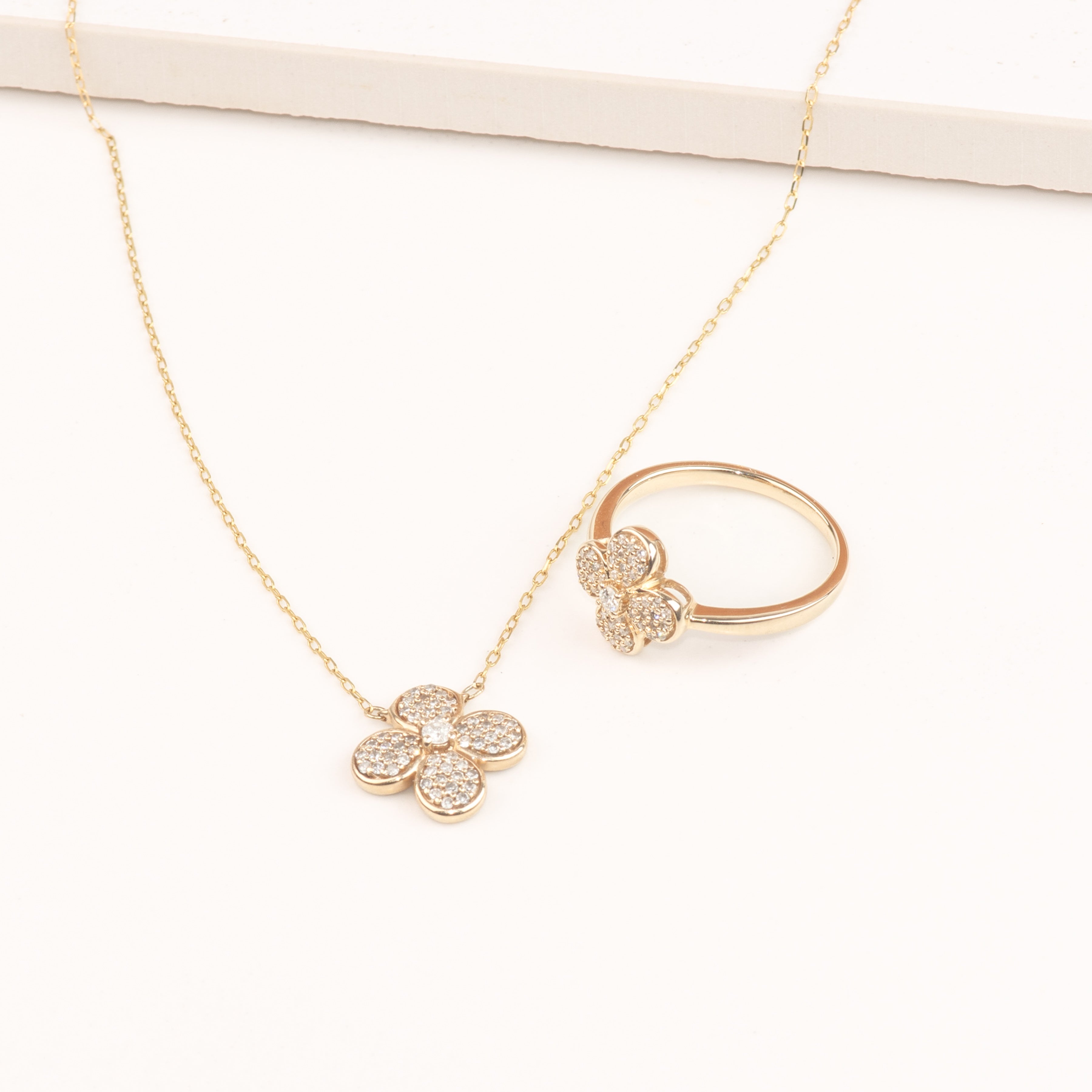 Four Petal Diamond Pavé Flower Necklace in Solid 10k Yellow Gold