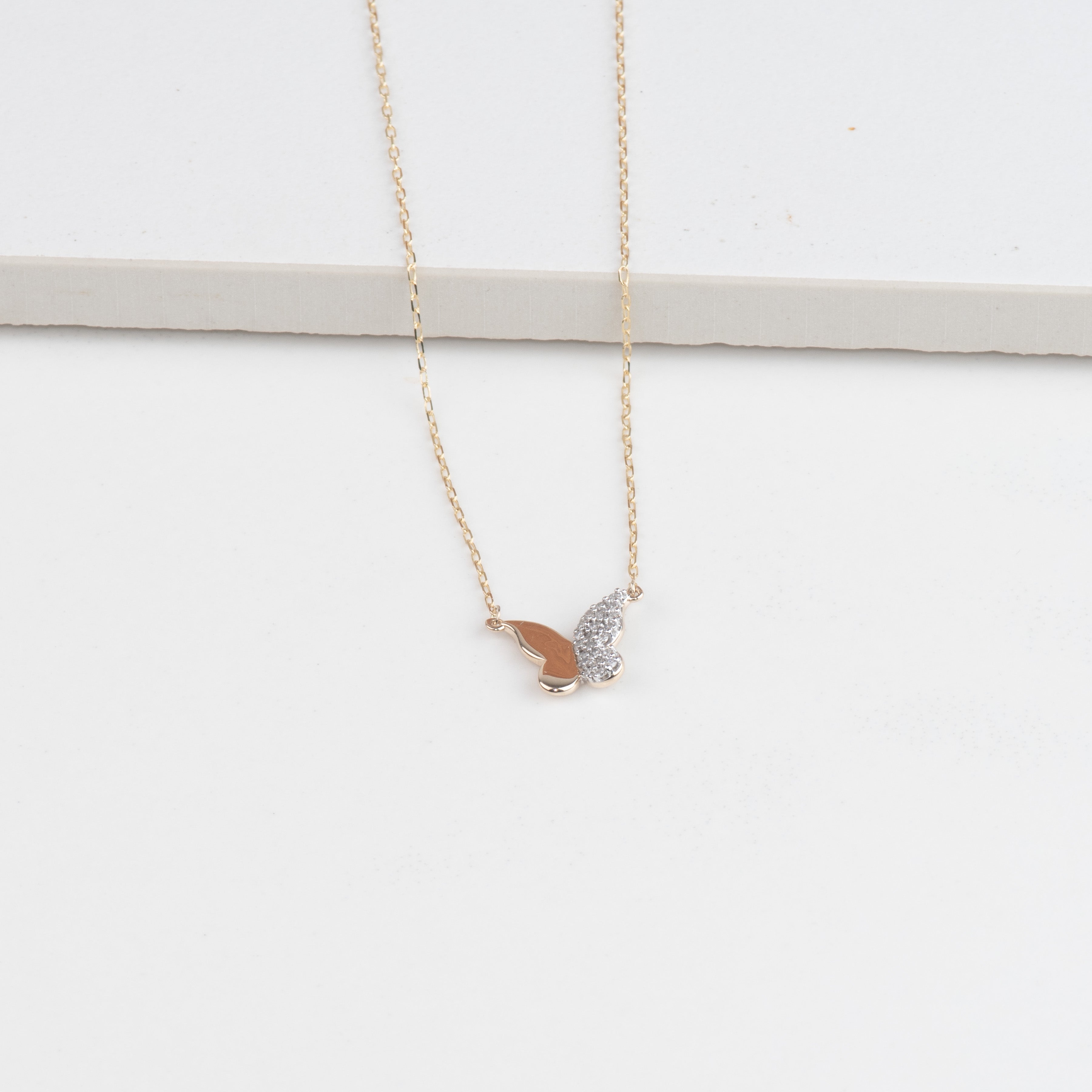 Half Gold Half Diamond Pavé Butterfly Pendant Necklace in Solid 10k Yellow Gold