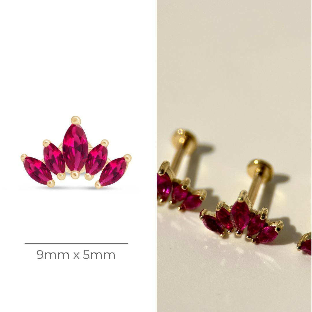Marquise Cut Five Petal Ruby Lotus Flat Back Stud in Solid 14k Yellow Gold