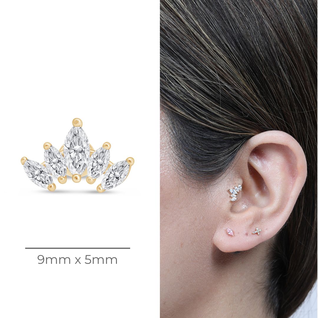 Marquise Cut Five Petal Lotus Flat Back Stud in Solid 14k Yellow Gold