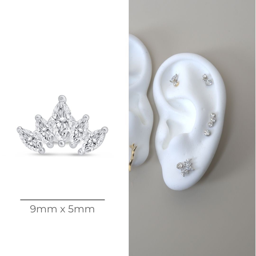 Marquise Cut Five Petal Lotus Flat Back Stud in Solid 14k White Gold