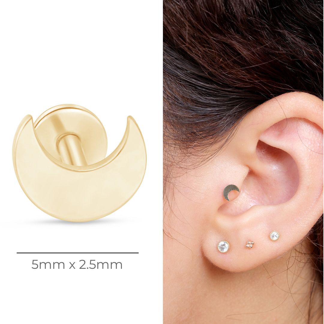 Crescent Moon Flat Back Stud in Solid 14k Yellow Gold