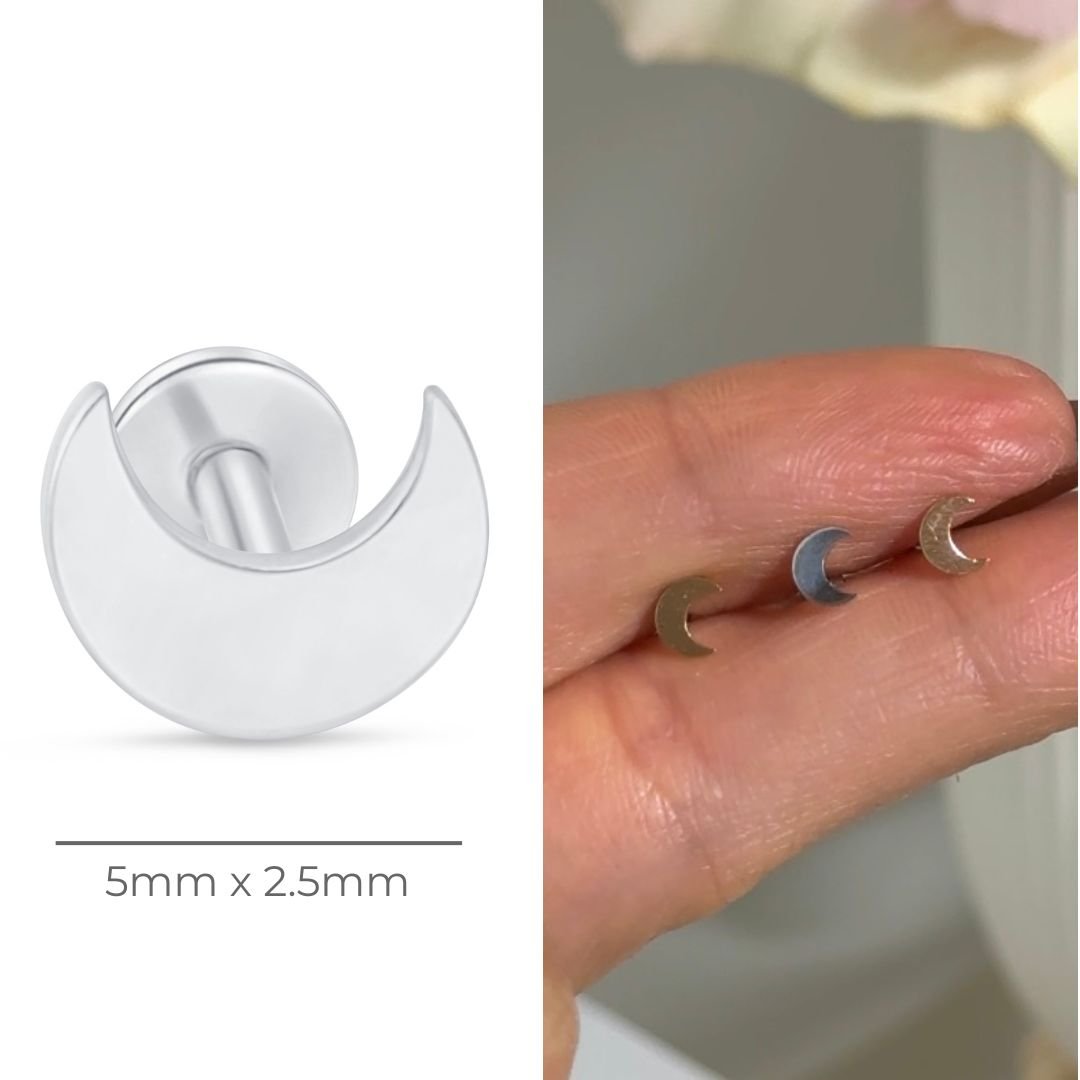 Crescent Moon Flat Back Stud in Solid 14k White Gold