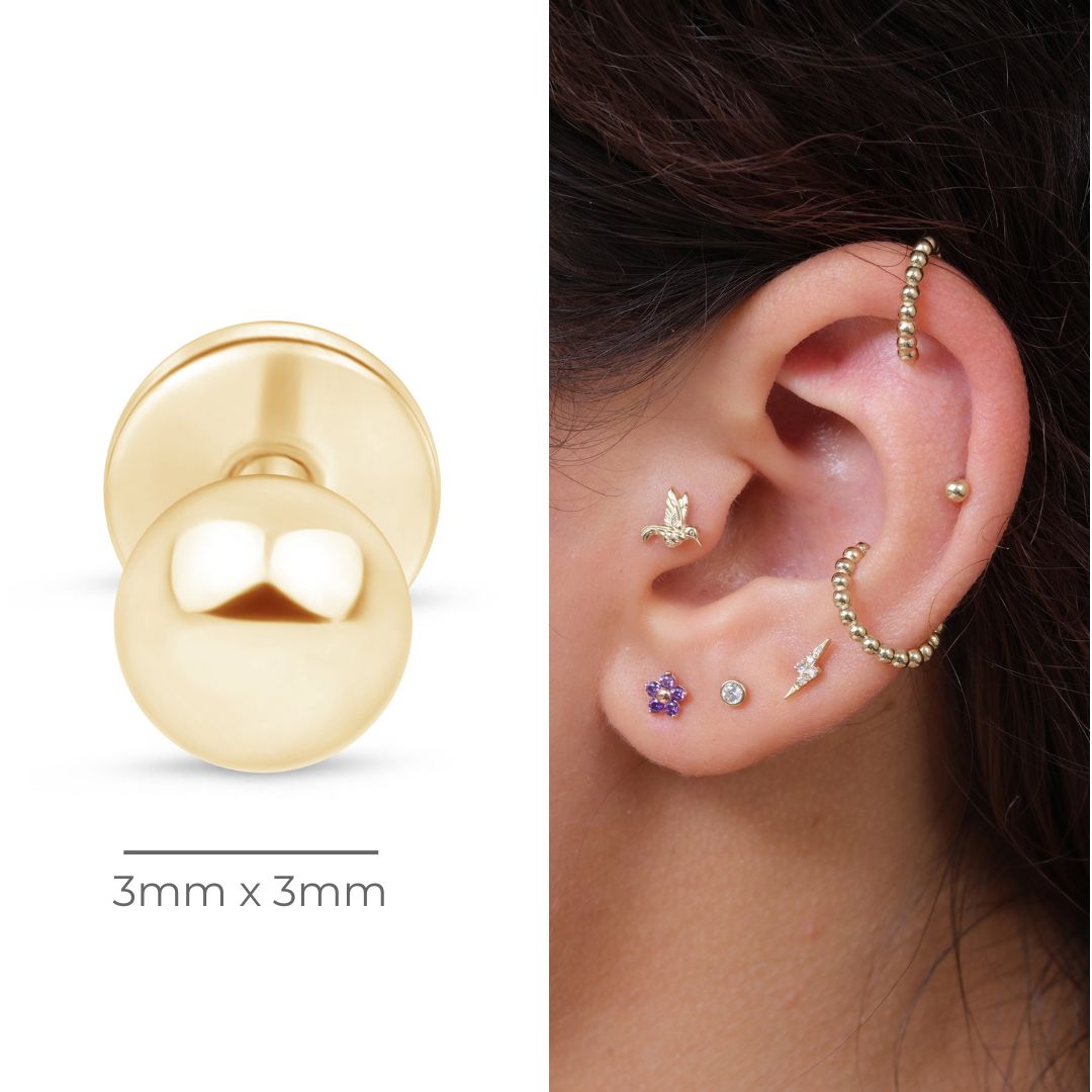 Ball Flat Back Stud in Solid 14k Yellow Gold