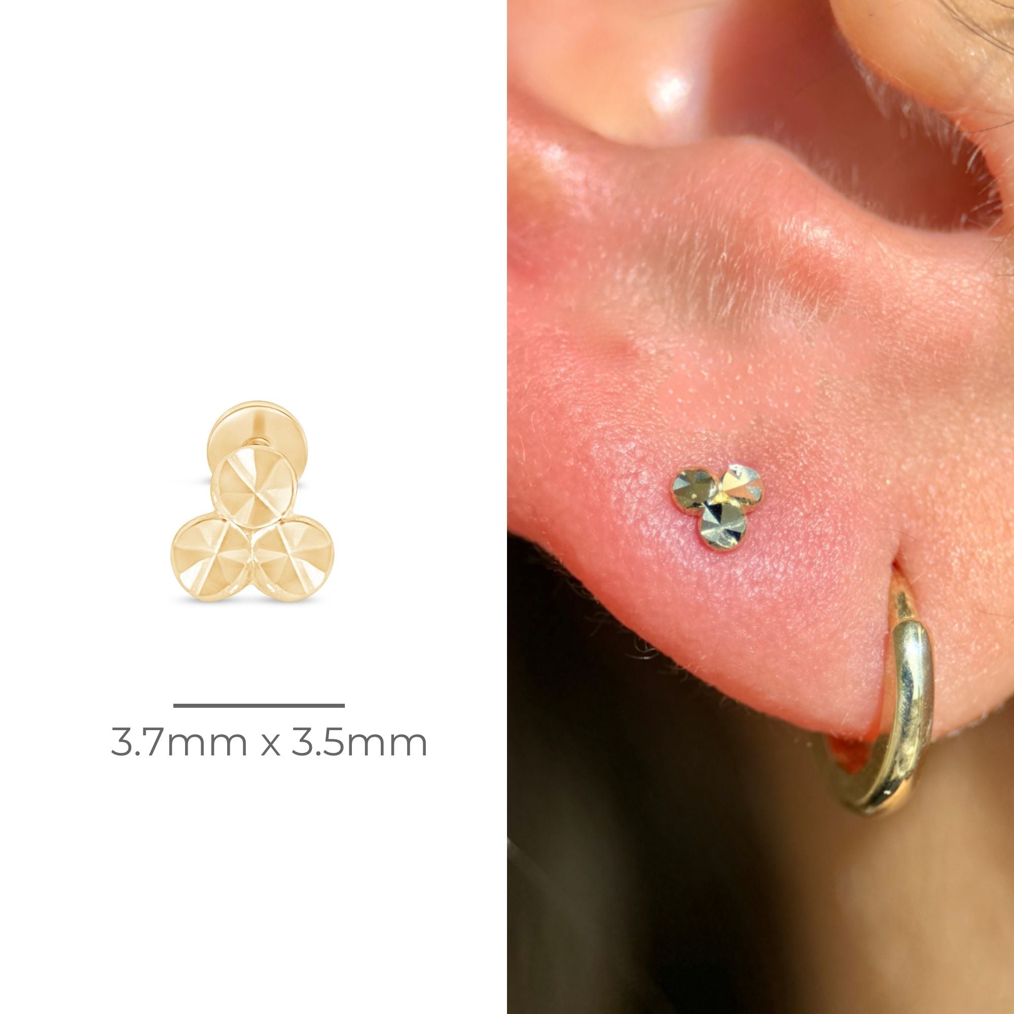 Diamond Cut Solid 14k Yellow Gold Trinity Flat Back Stud