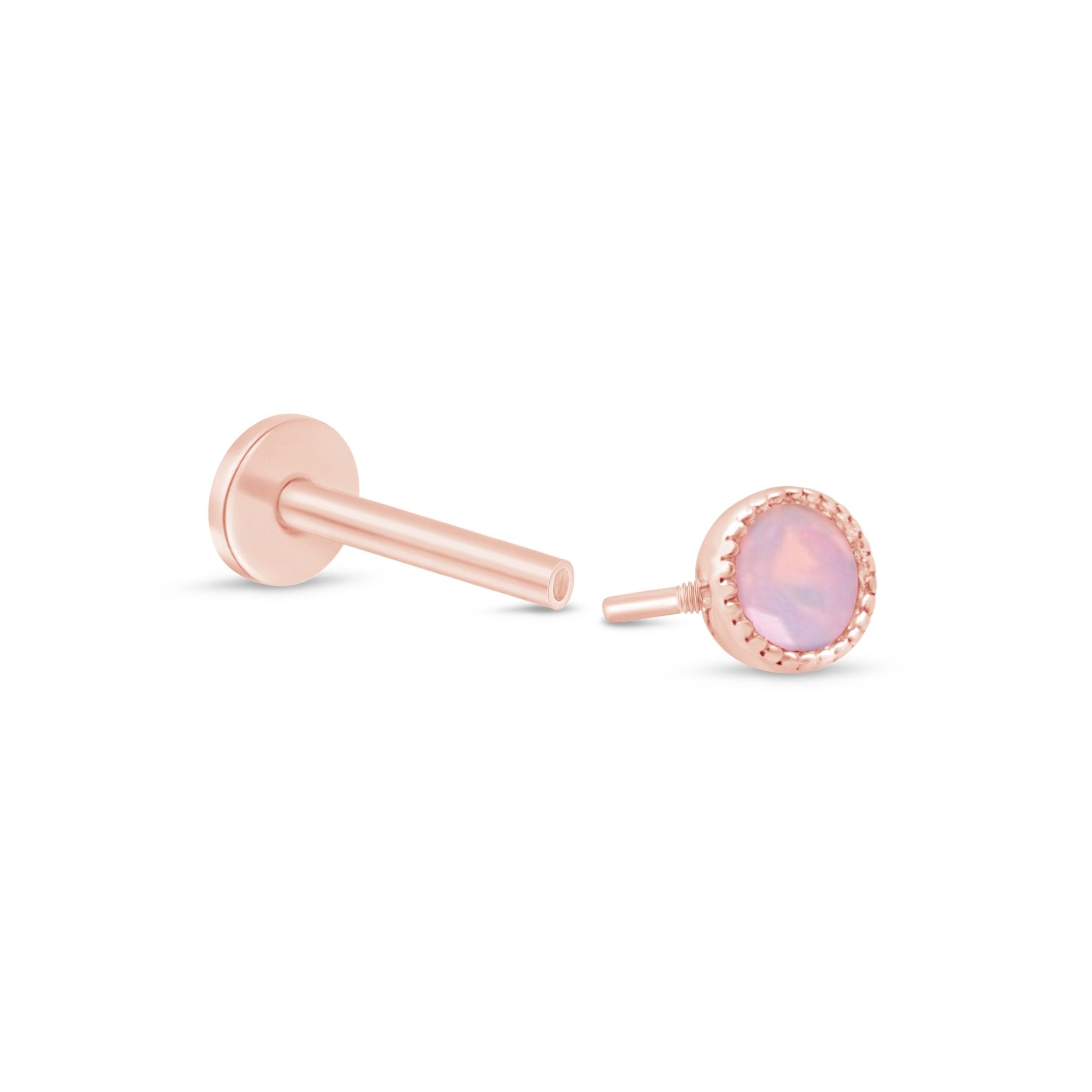 Pink Opal Flat Back Stud Milgrain Set in Solid 14k Rose Gold