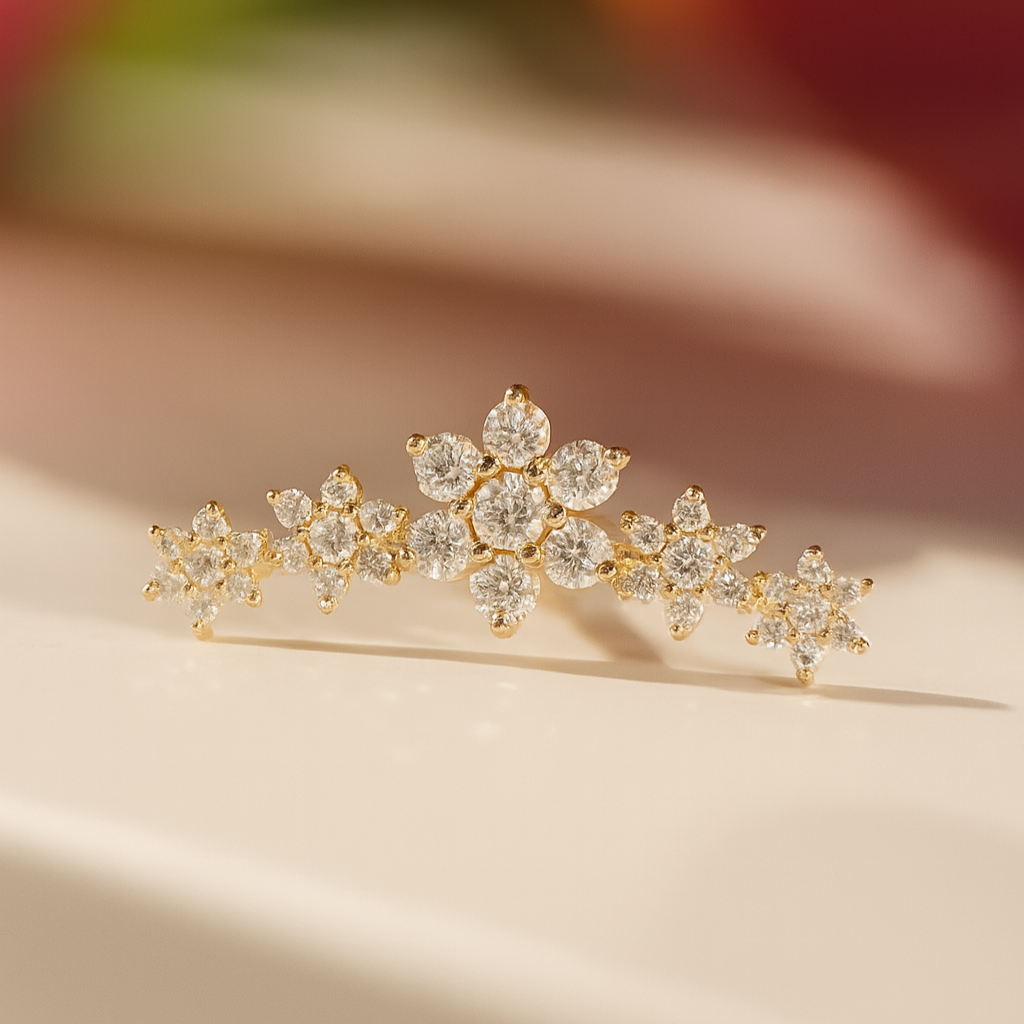Five Flower Diamond Garland Flat Back Stud in Solid 14k Yellow Gold