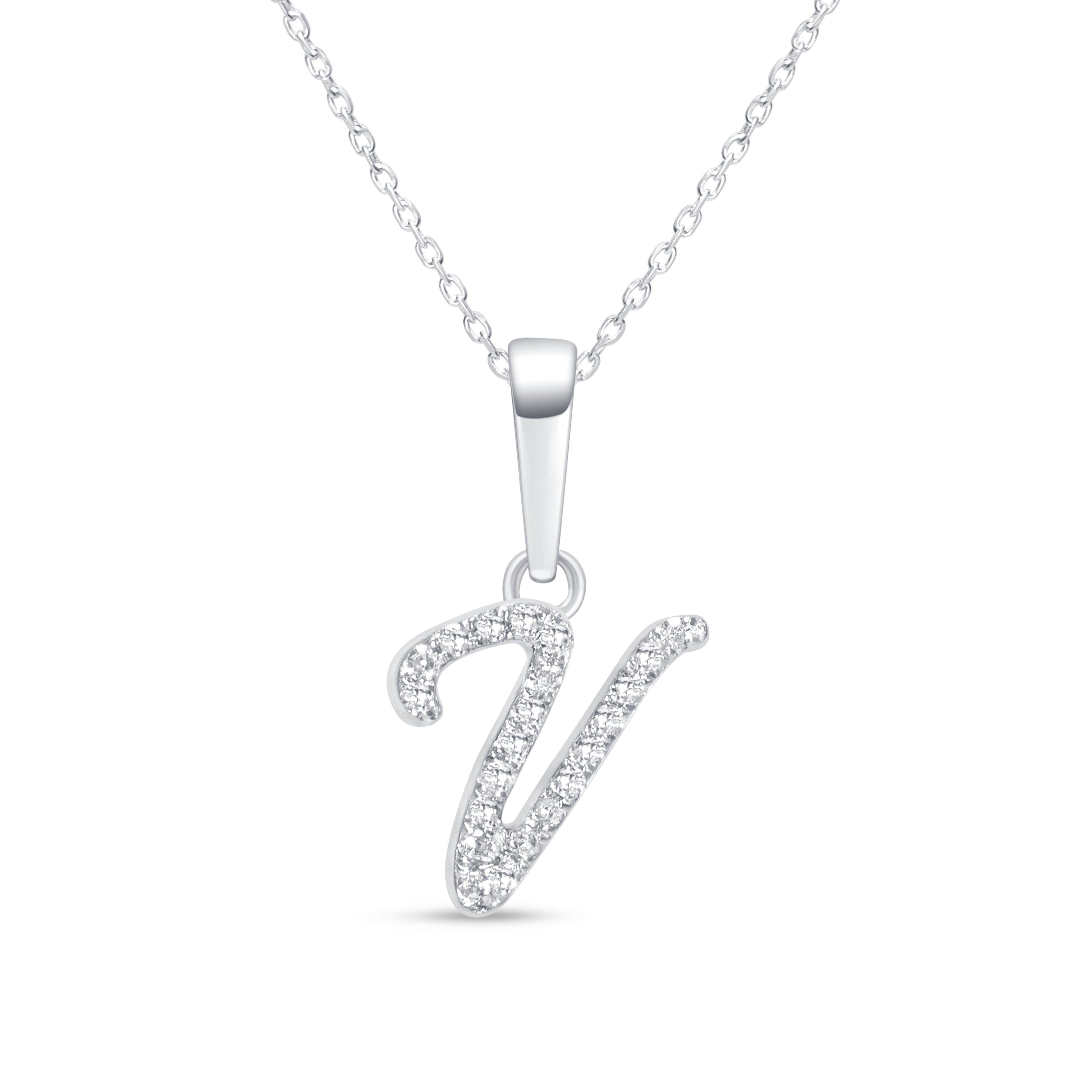 Cursive Diamond Initial Necklace in Solid 14k White Gold - V