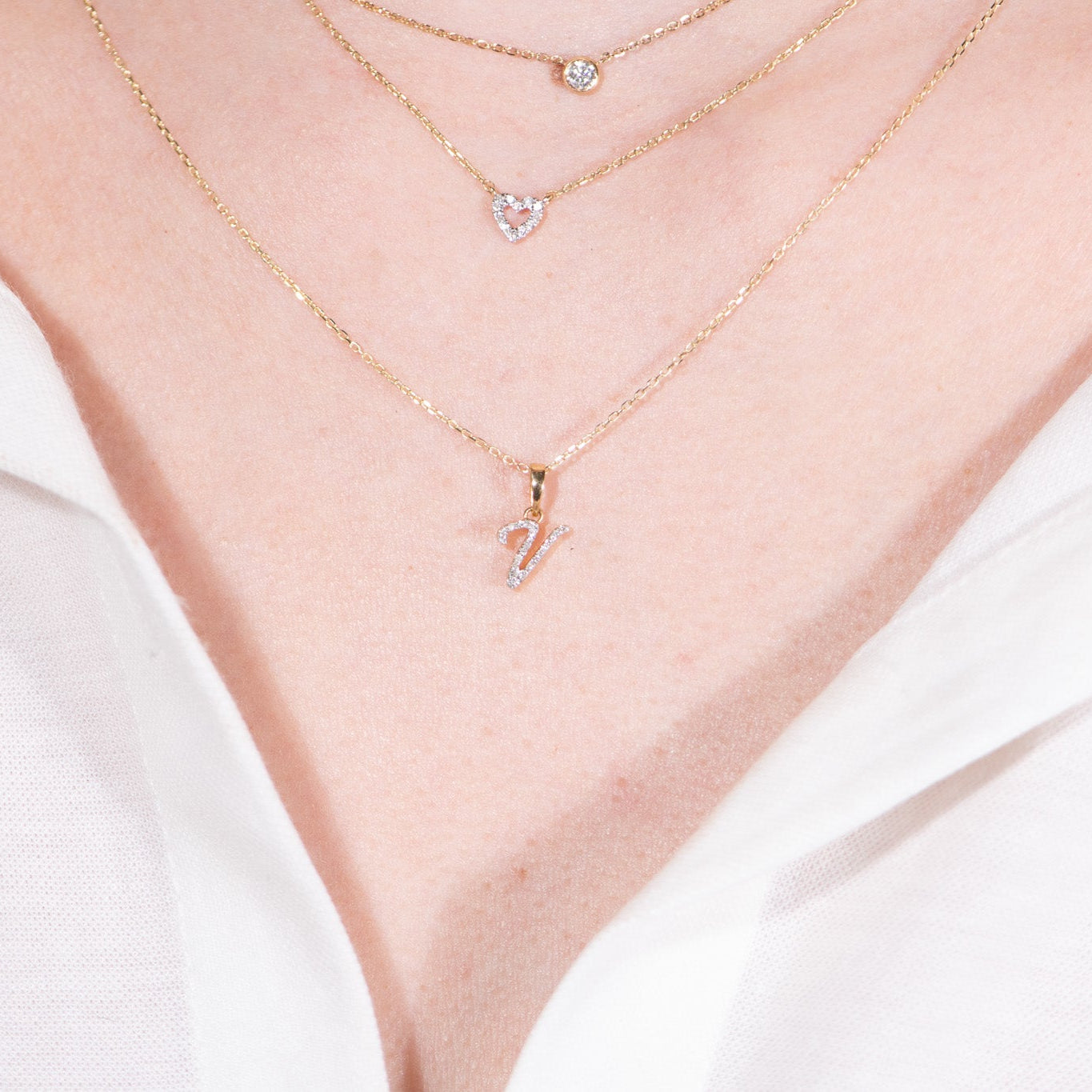 Cursive Diamond Initial Necklace in Solid 14k Yellow Gold - V