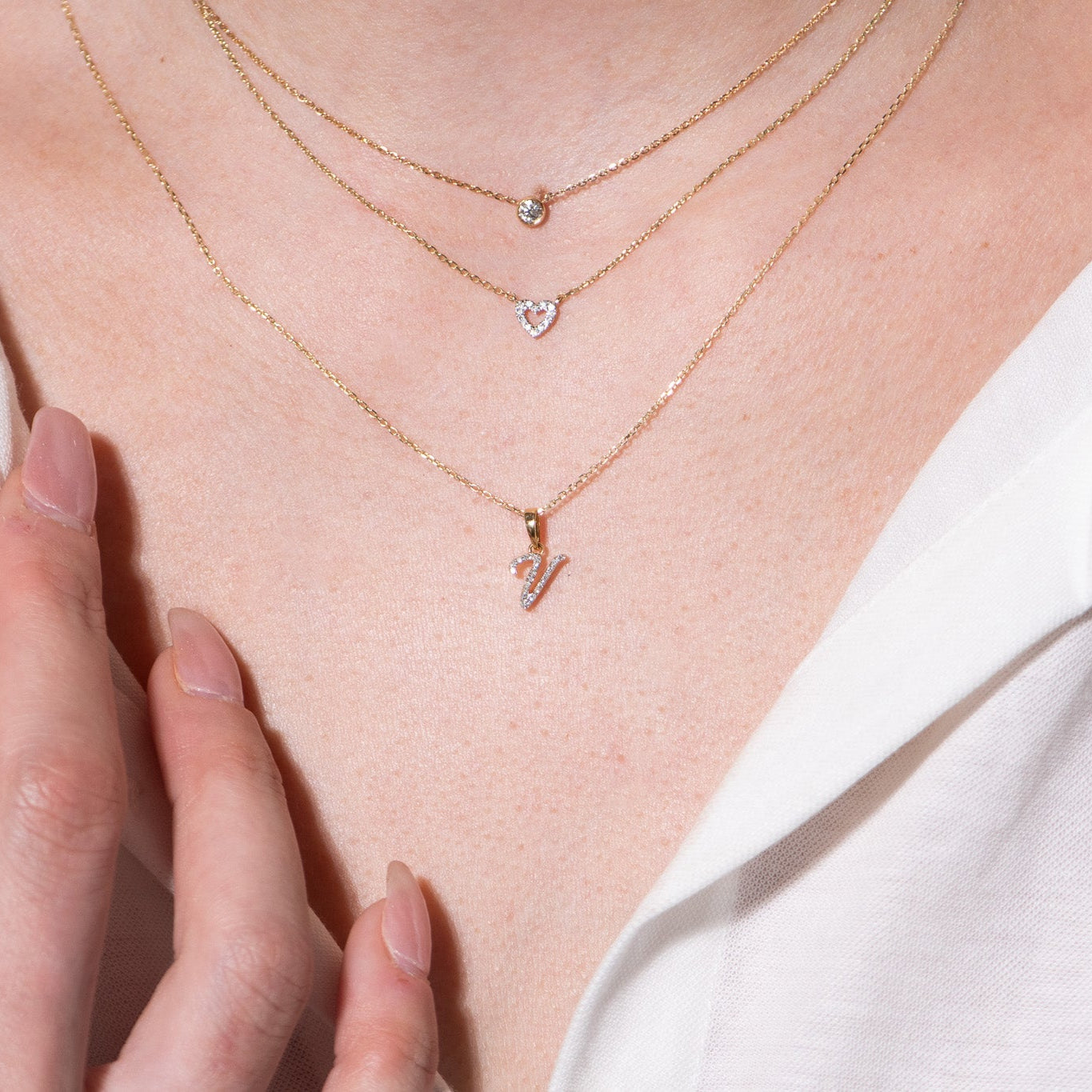 Cursive Diamond Initial Necklace in Solid 14k Yellow Gold - V