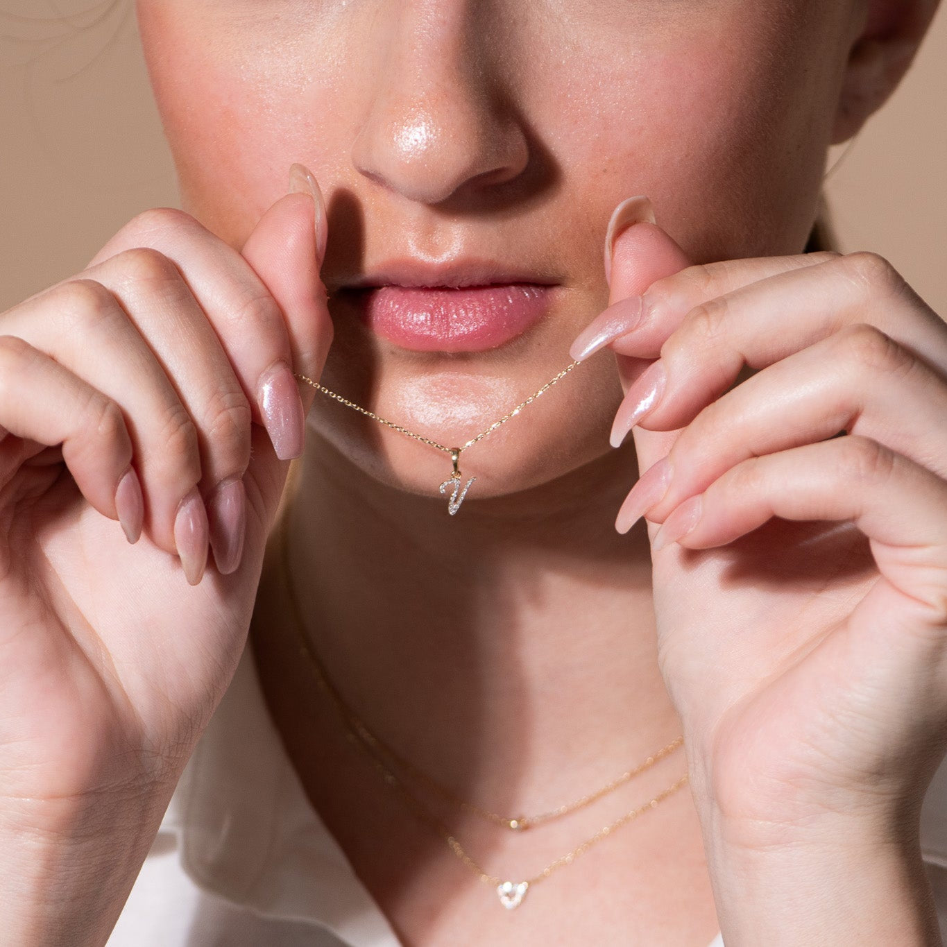 Cursive Diamond Initial Necklace in Solid 14k Yellow Gold - V