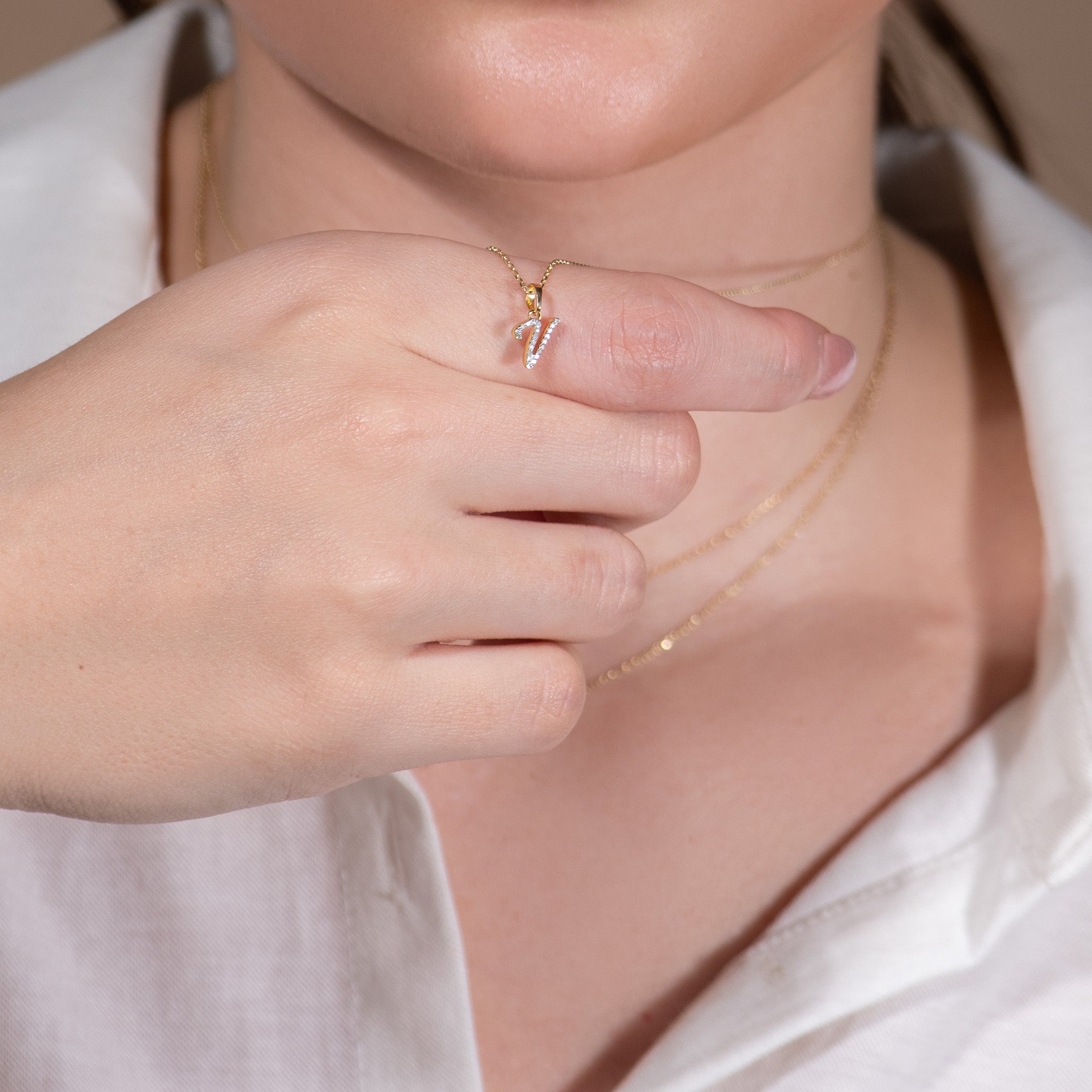 Cursive Diamond Initial Necklace in Solid 14k Yellow Gold - V