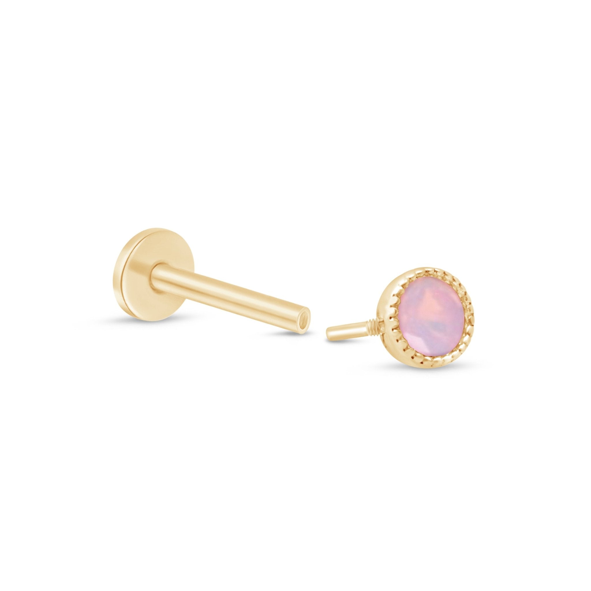 Pink Opal Flat Back Stud Milgrain Set in Solid 14k Yellow Gold