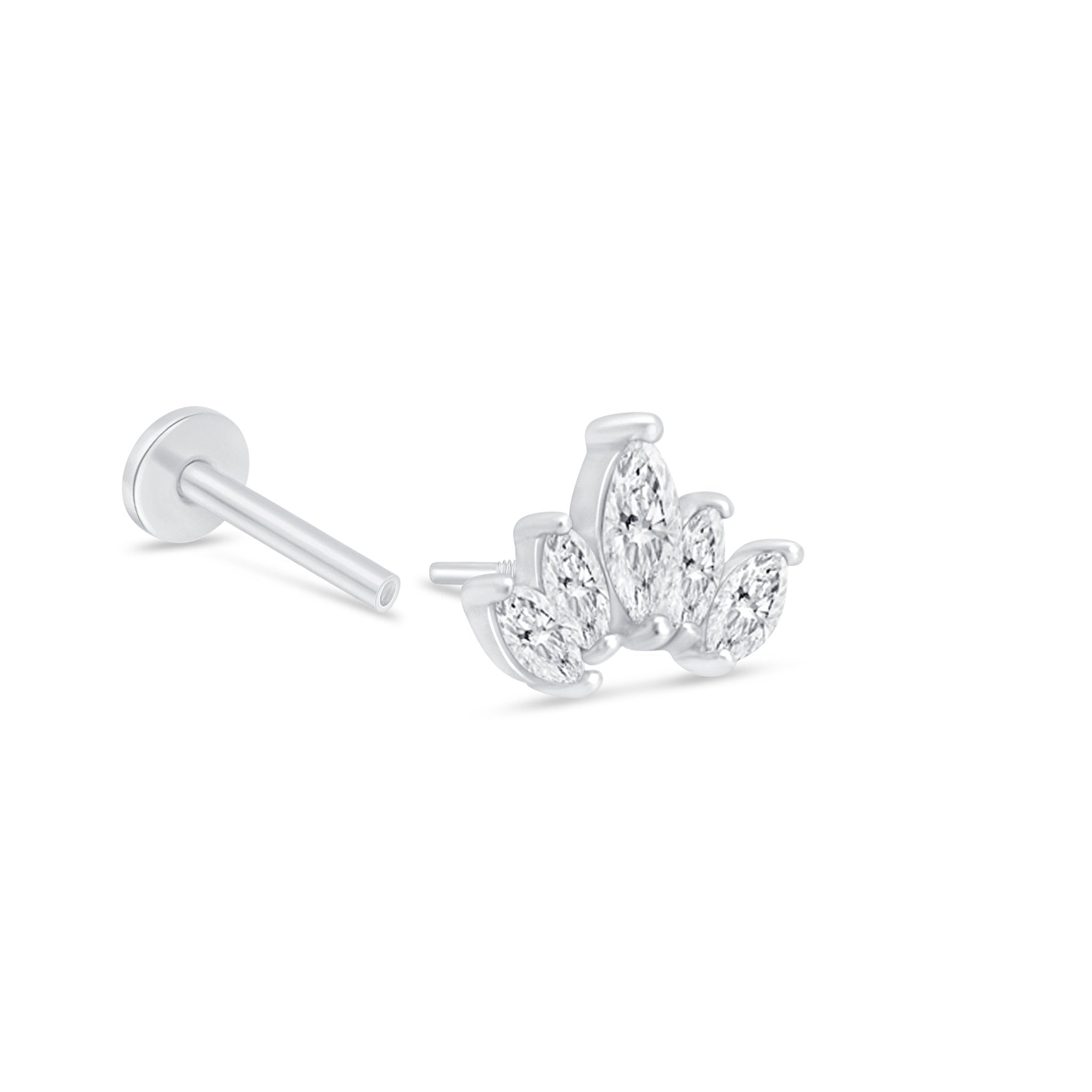 Marquise Cut Five Petal Lotus Flat Back Stud in Solid 14k White Gold