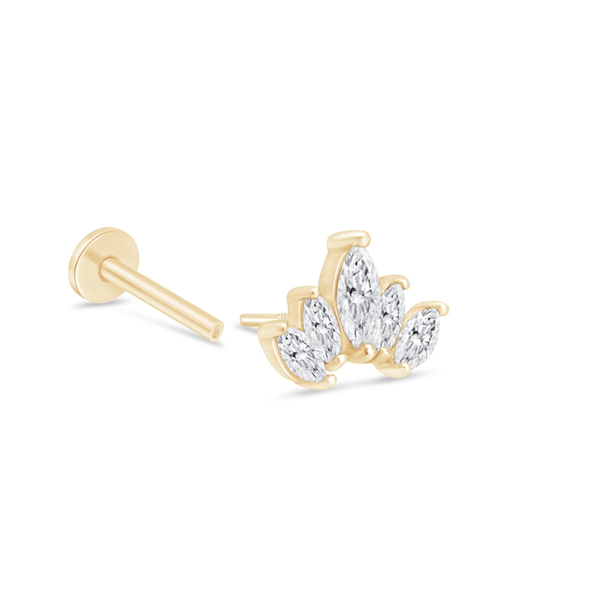 Marquise Cut Five Petal Lotus Flat Back Stud in Solid 14k Yellow Gold