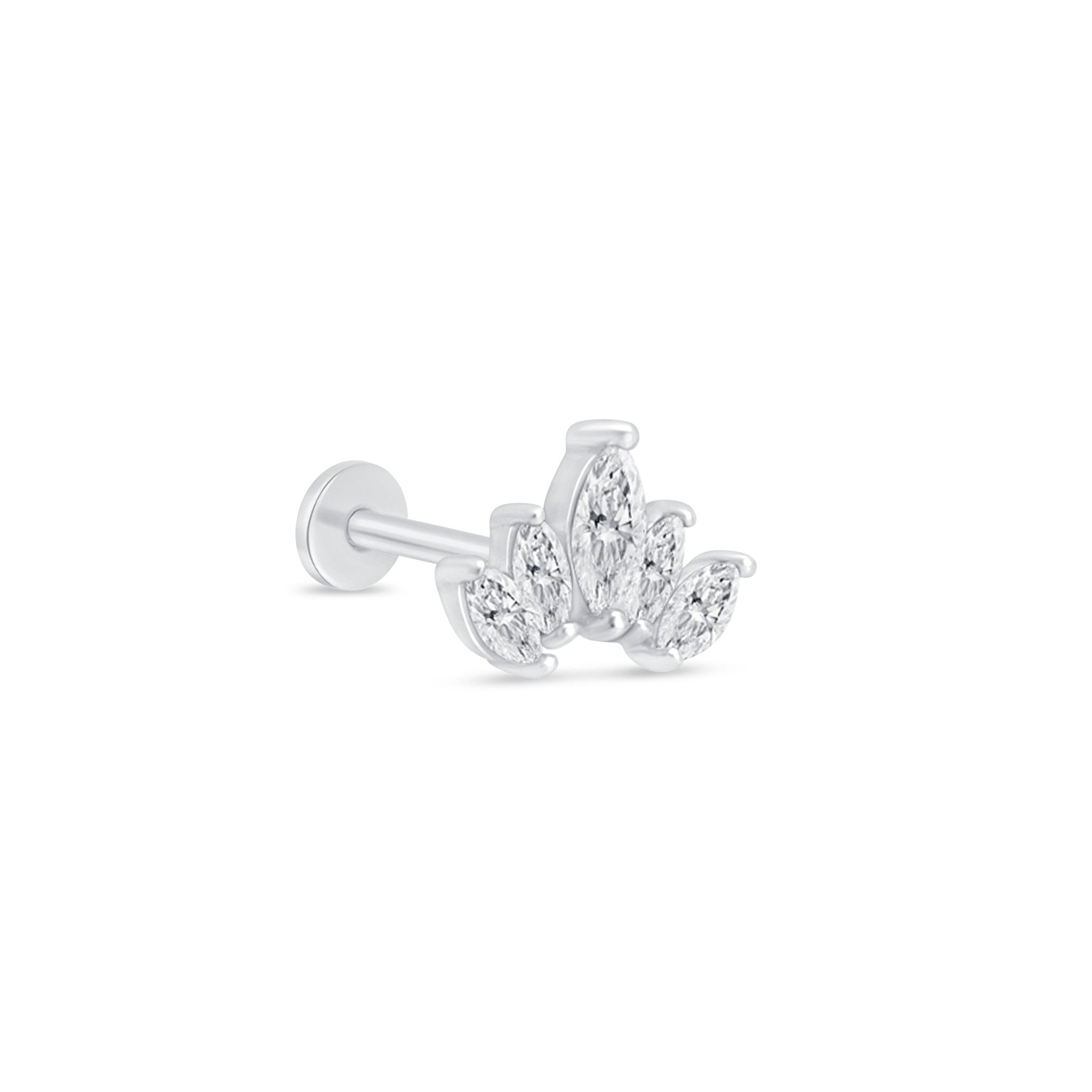 Marquise Cut Five Petal Lotus Flat Back Stud in Solid 14k White Gold