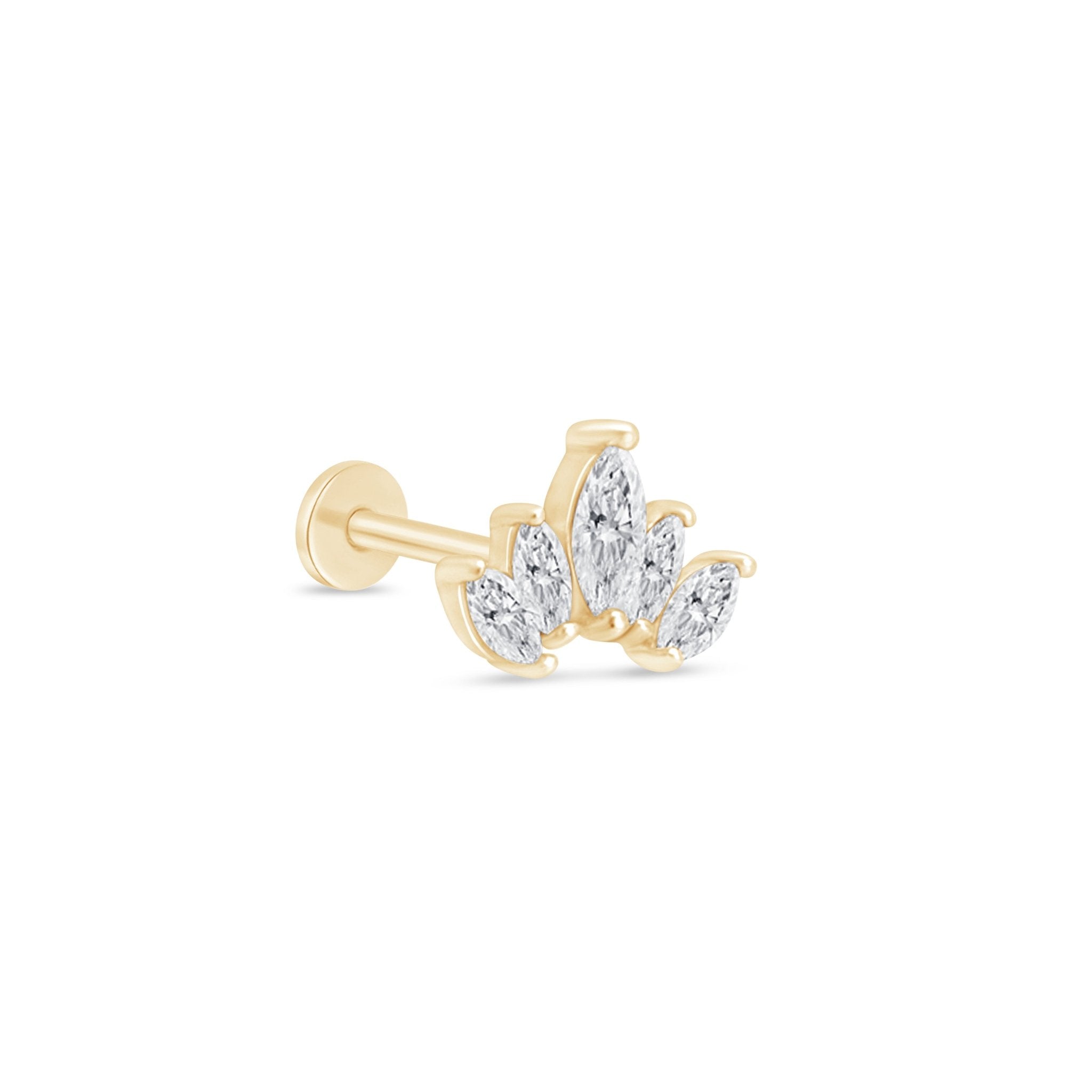 Marquise Cut Five Petal Lotus Flat Back Stud in Solid 14k Yellow Gold