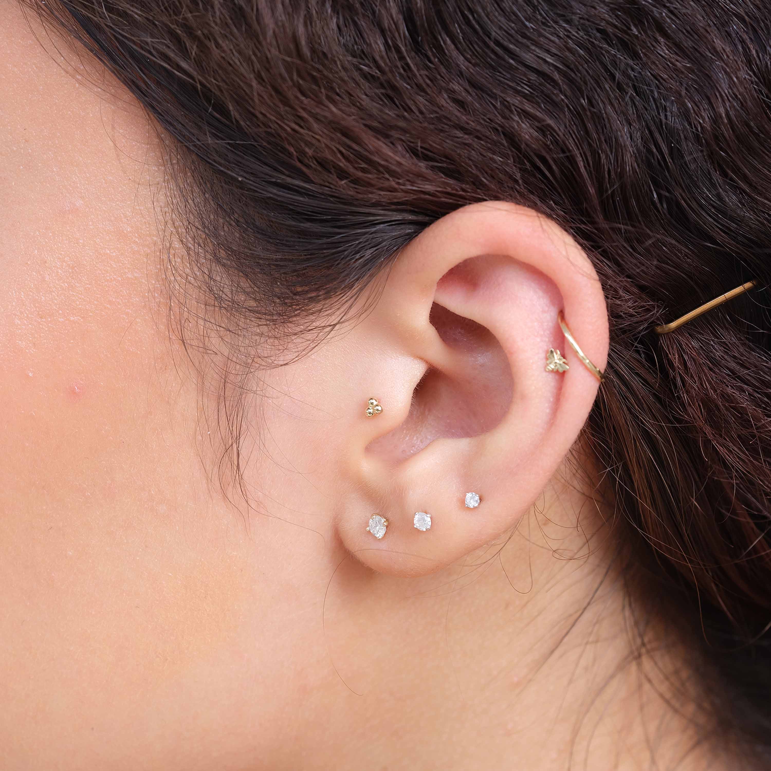 Trinity Beaded Cluster Flat Back Stud in Solid 14k Yellow Gold