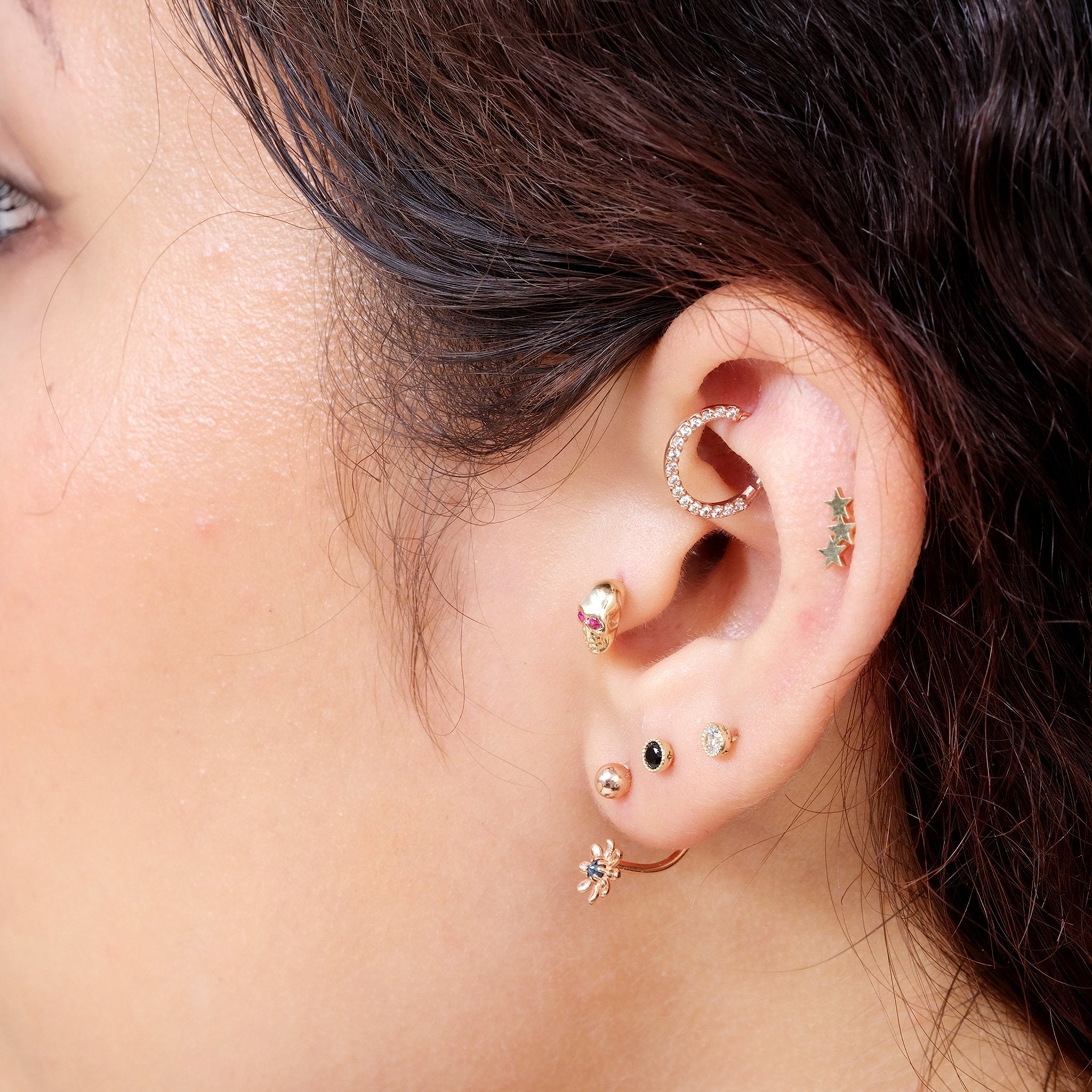 Three Star Flat Back Stud in Solid 14k Yellow Gold