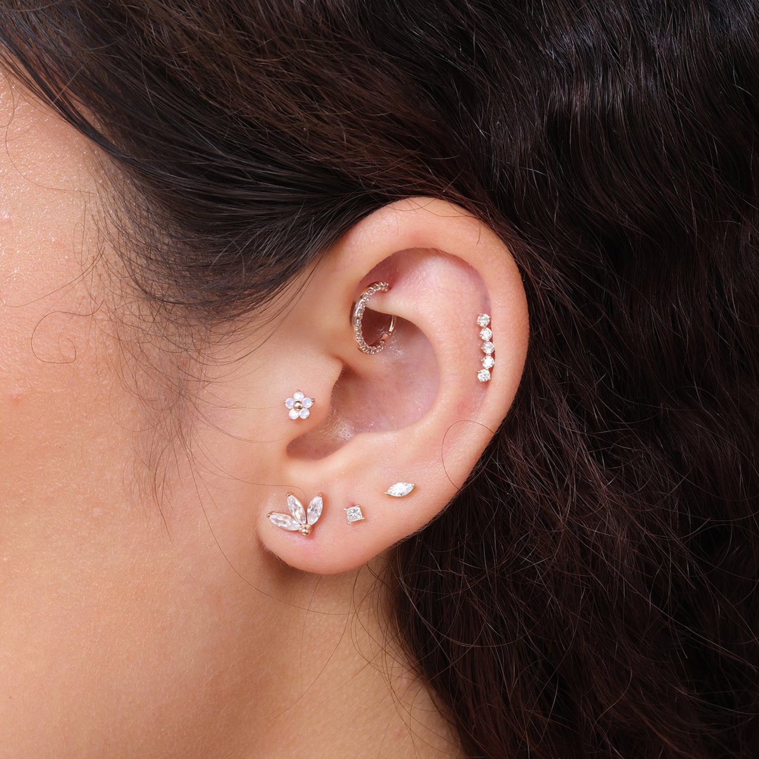 Diamond Constellation Ear Climber Flat Back Stud in Solid 14k Yellow Gold
