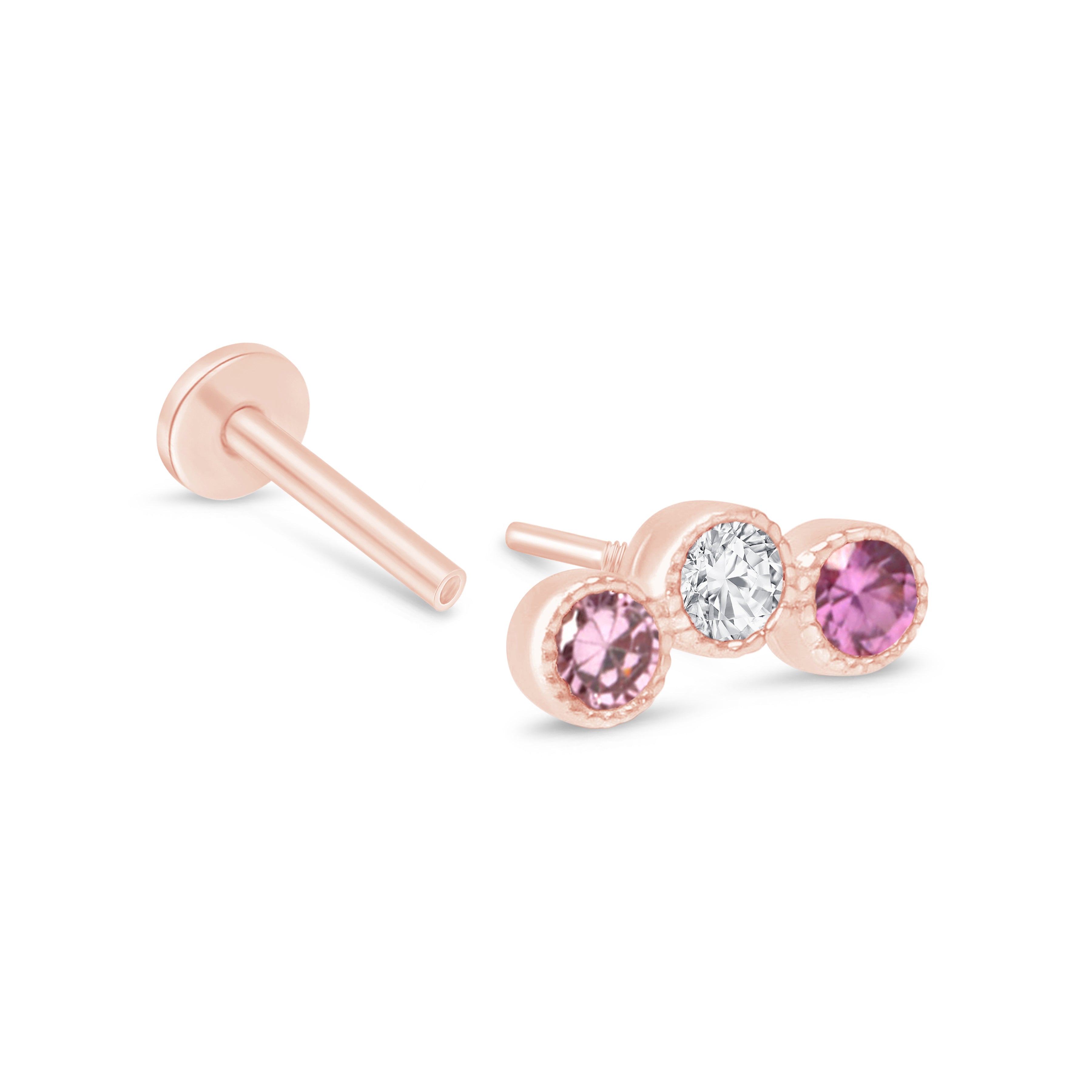 Triple Tourmaline Flat Back Stud Milgrain Set in Solid 14k Rose Gold