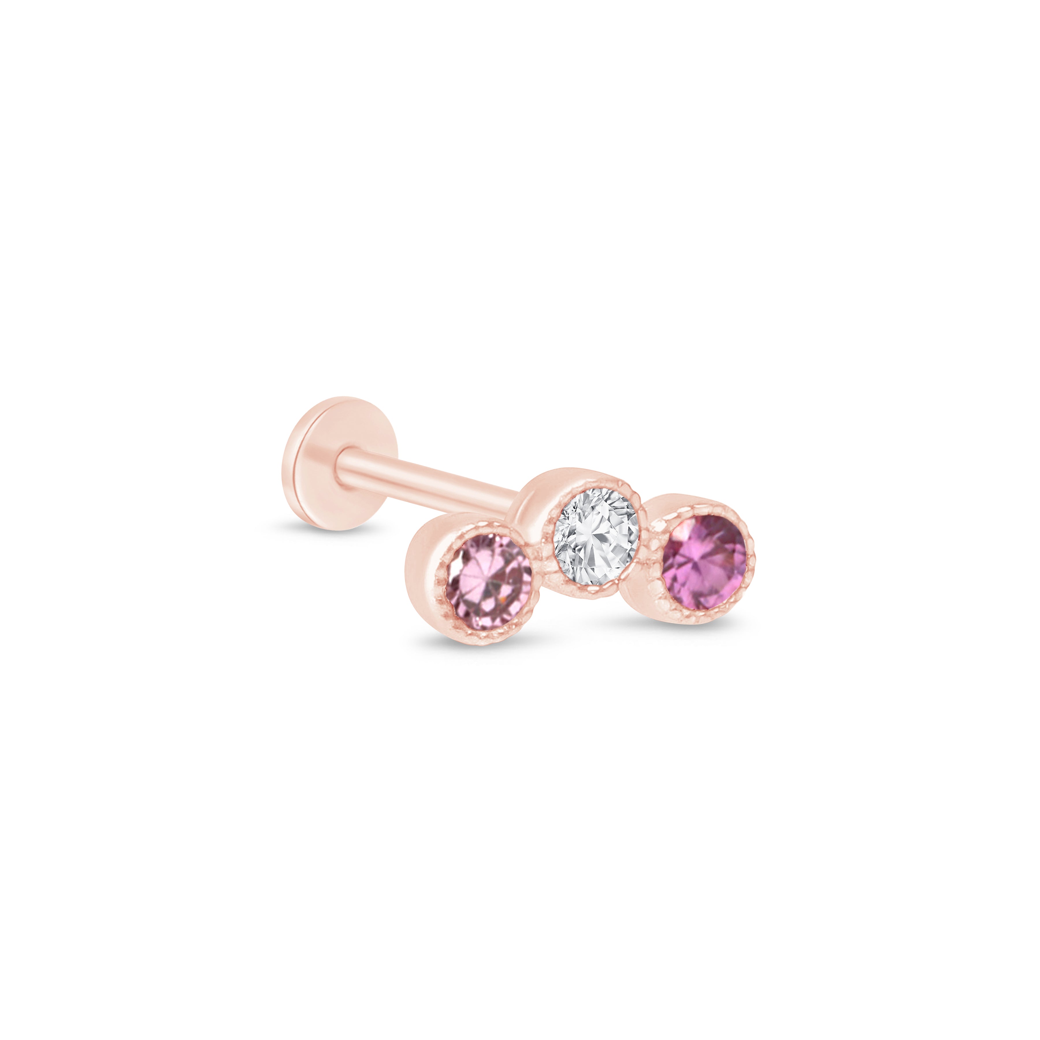 Triple Tourmaline Flat Back Stud Milgrain Set in Solid 14k Rose Gold