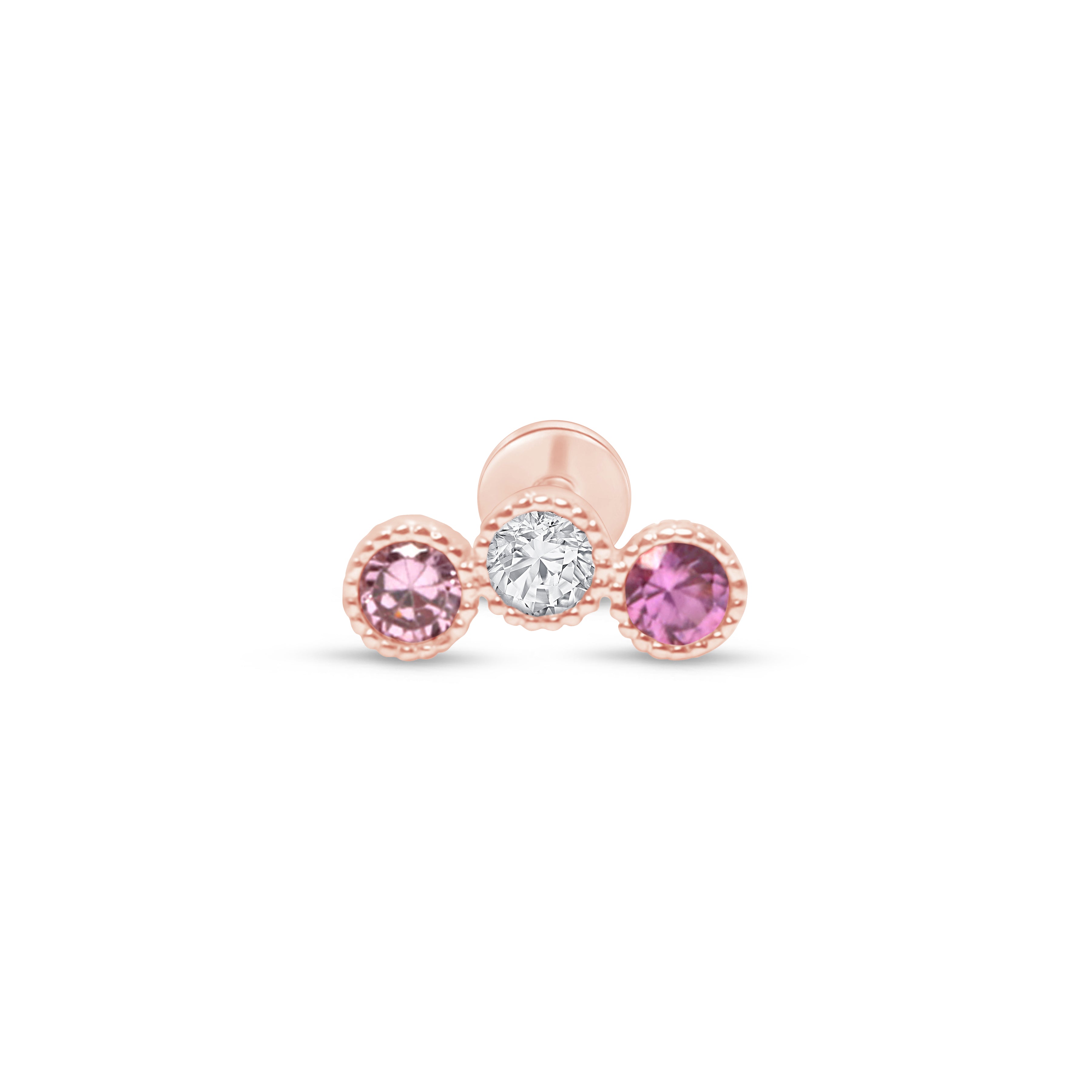 Triple Tourmaline Flat Back Stud Milgrain Set in Solid 14k Rose Gold